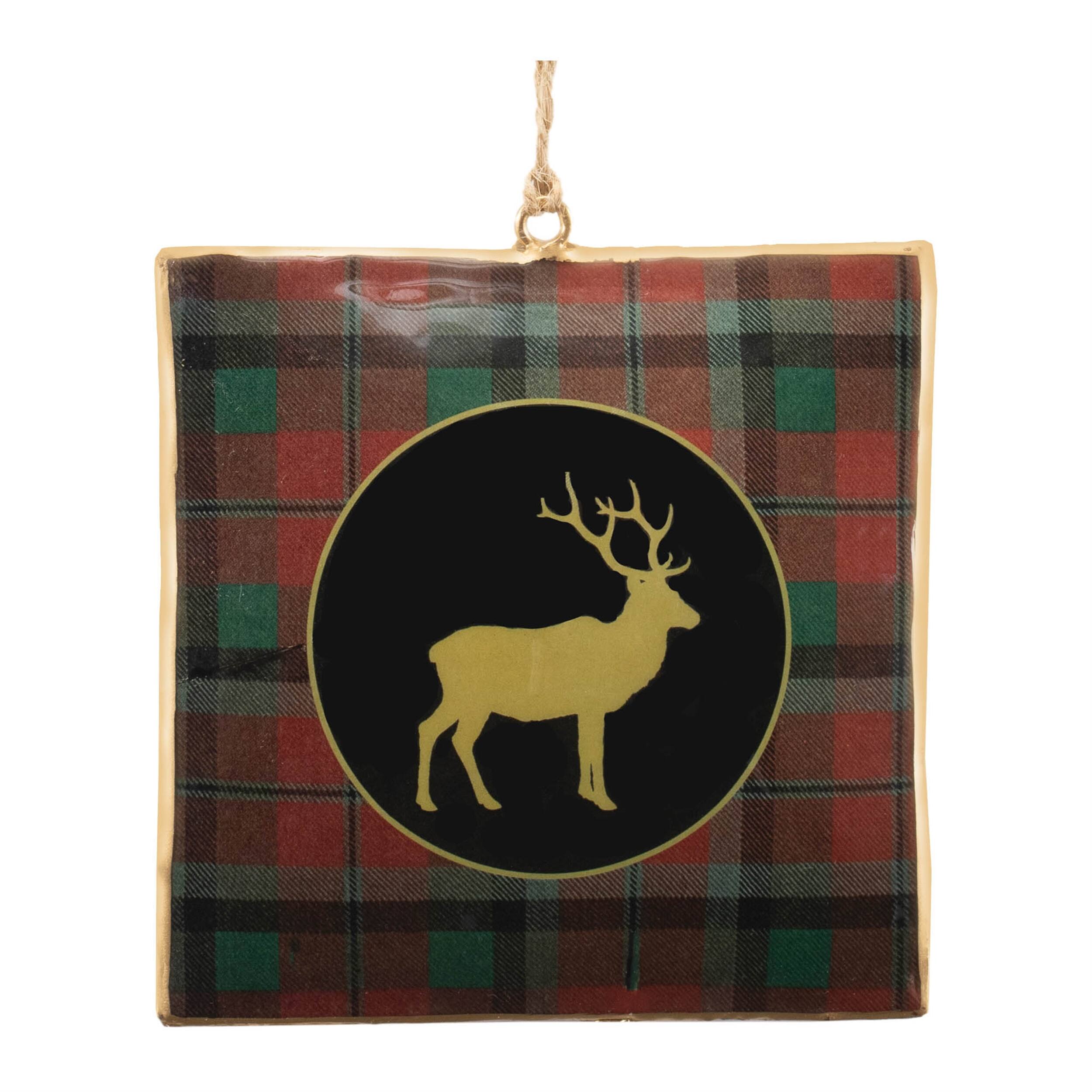 Angle. BreeBe - Plaid Square Ornament (Set of 6) - Red, Green, Black, Gold.