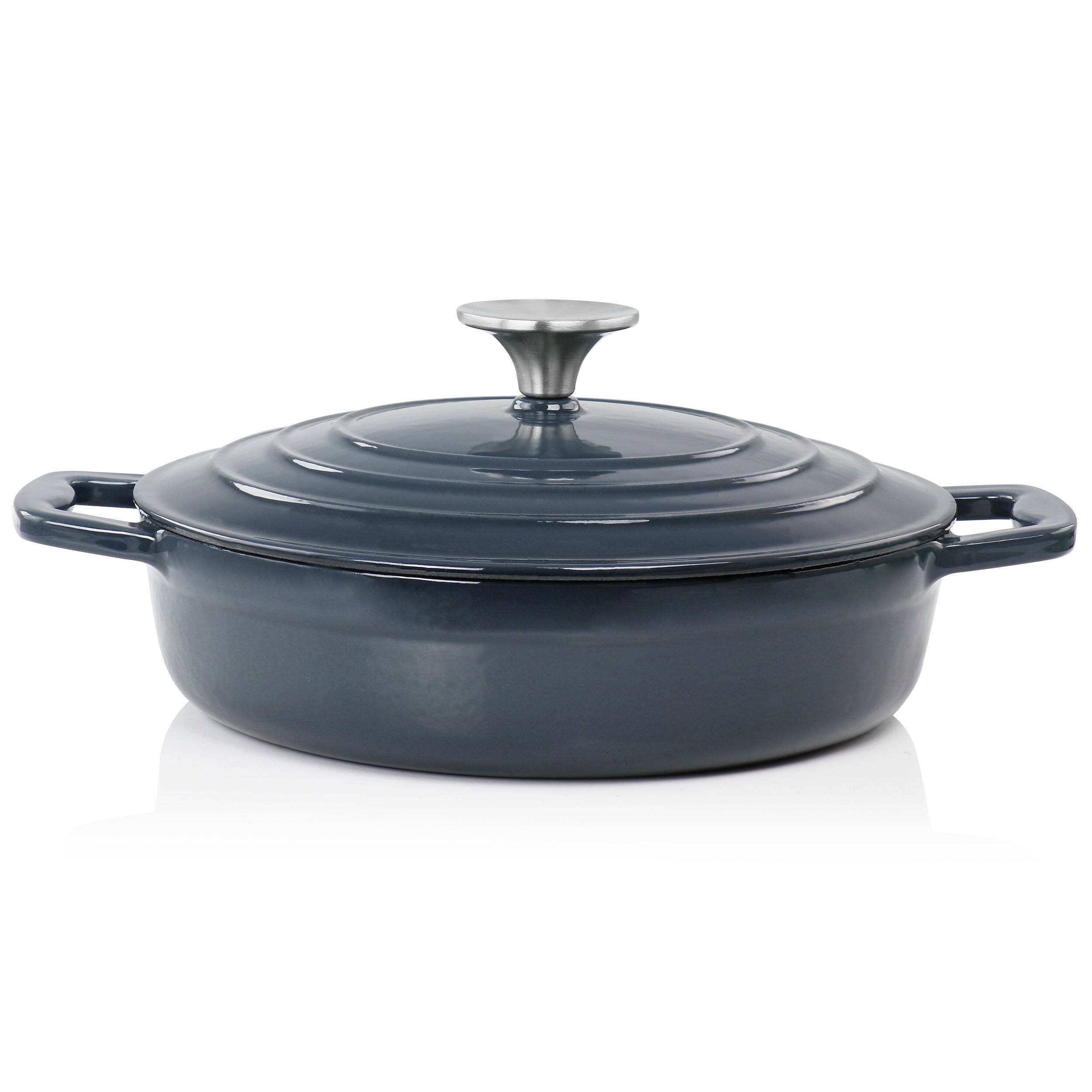 Alt View 2. MegaChef - MegaChef 2 Quart Round Enameled Cast Iron Braiser Pan in Dark Blue - Dark Blue.