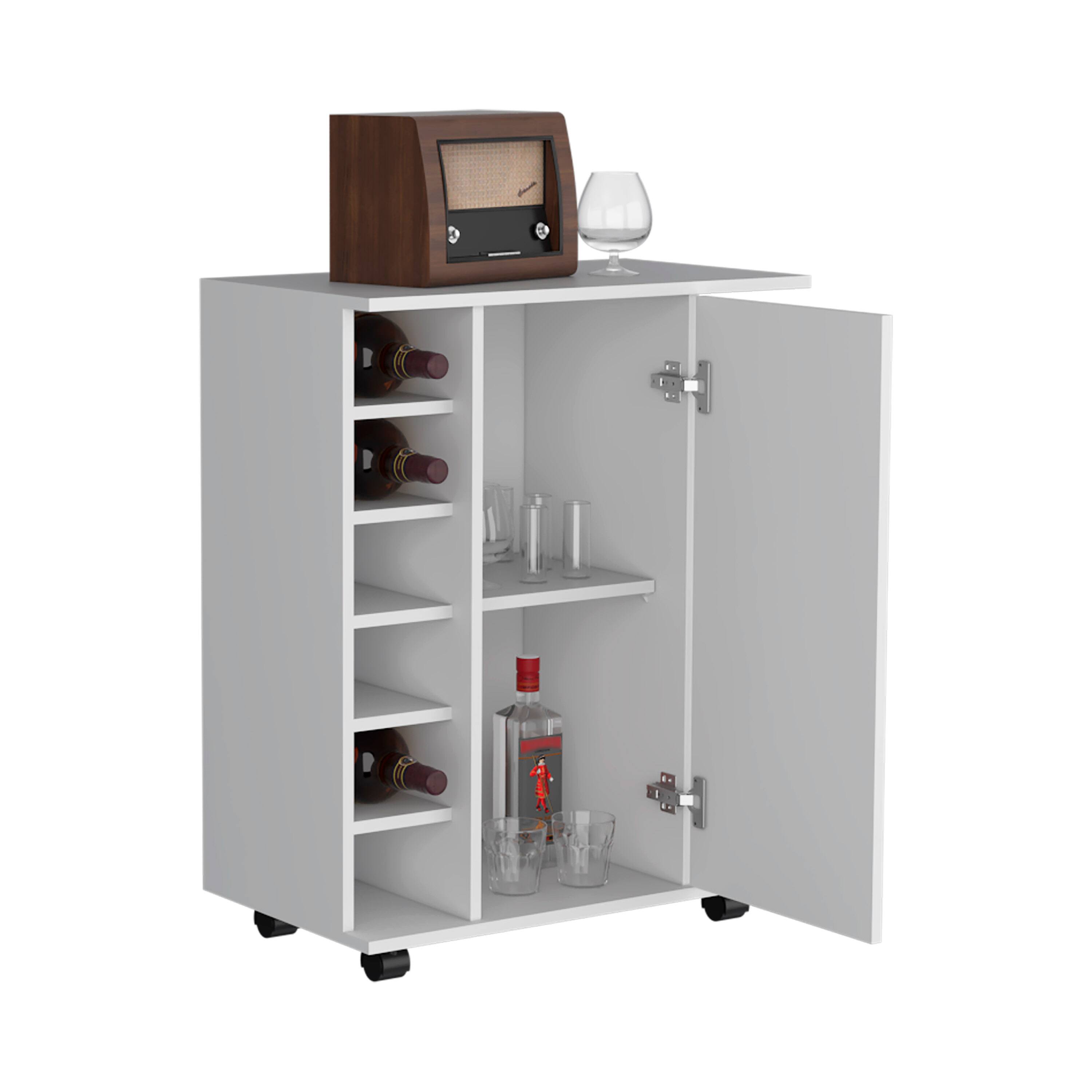 Alt View 3. TuHome - Lothian Bar Cart with Casters, 2-Side Storage Shelves, 6-Wine Bottle Rack, Living Room or Bar Room - White.