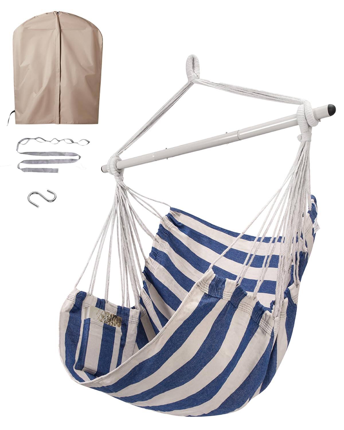 Front. JETRANSPORT - Hammock Chair Swing (500 Lbs Max) - Hanging Rope Indoor For Bedroom Outdoor Patio Porch Deck Sturdy Steel Bar - Cover + Blue and White.