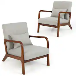 Costway - Set of 2 Accent Chairs Leisure Armchair with Rubber Wood Frame&Lumbar Pillow - Gray