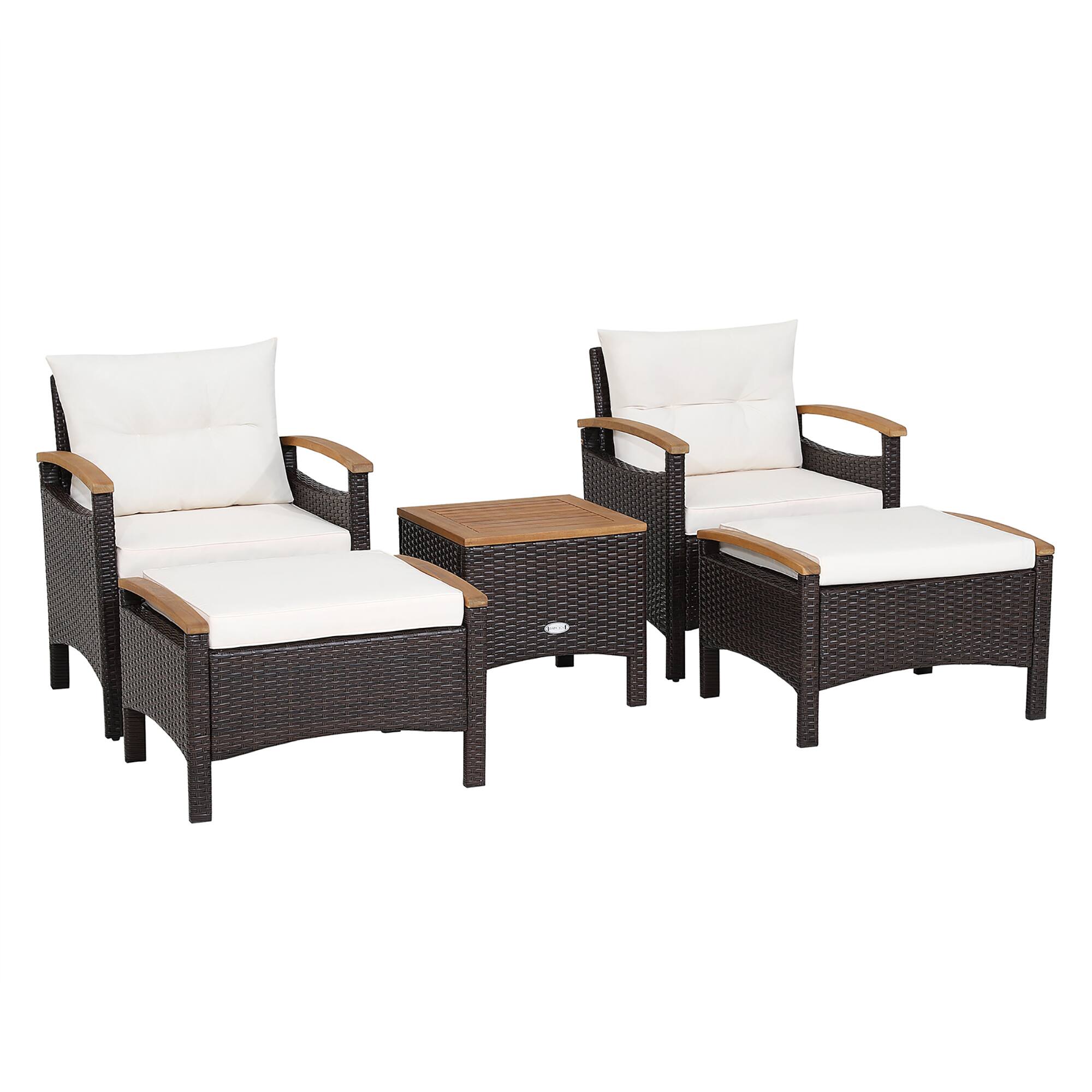 Alt View 1. Gymax - Gymax 5PCS Outdoor Patio Rattan Furniture Set PE Wicker Lounge Chair w/ Wood Tabletop - Off White.