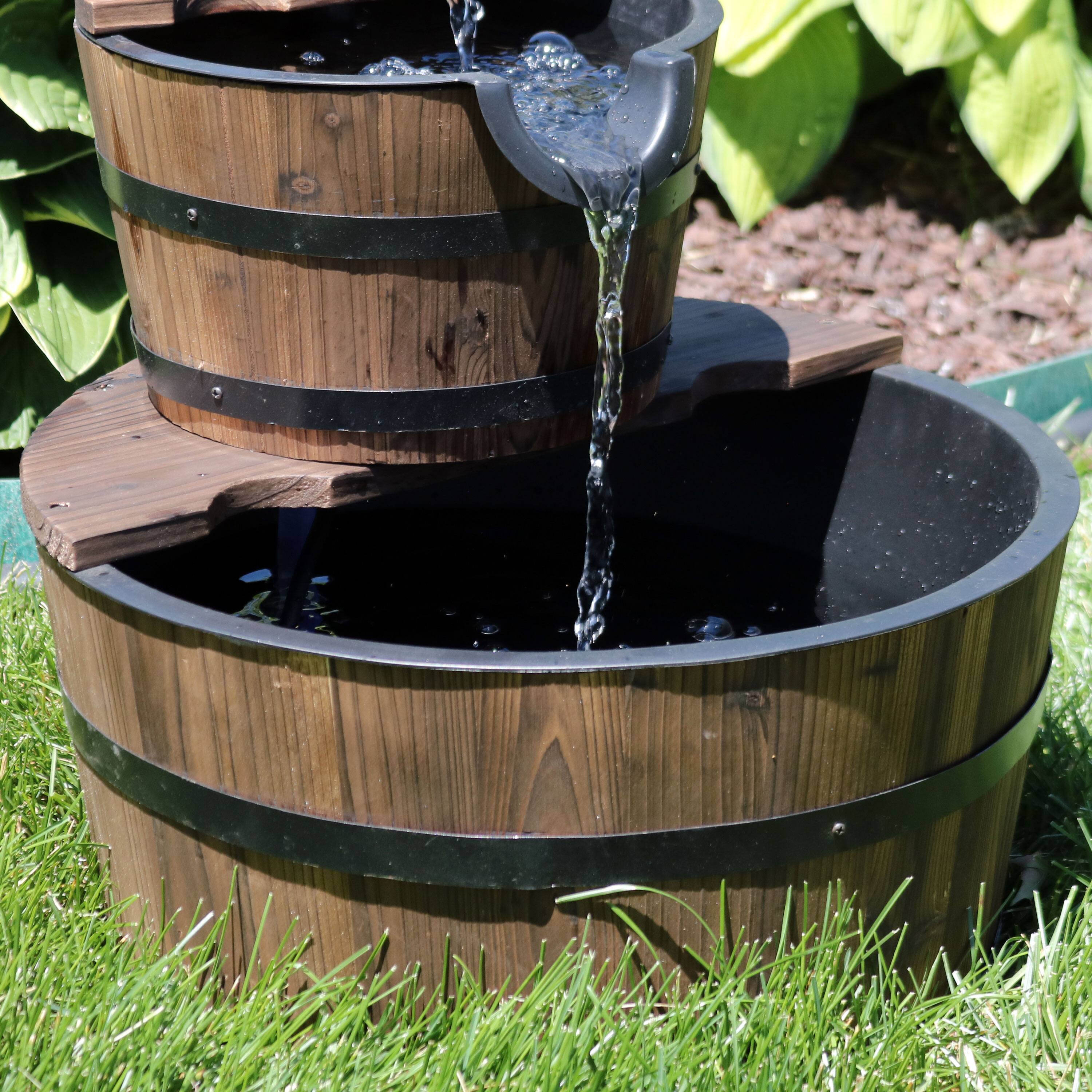 Alt View 8. Sunnydaze - Wooden Bowl/Barrel Water Fountain with Hand Pump/Liner - 23 in - Brown.