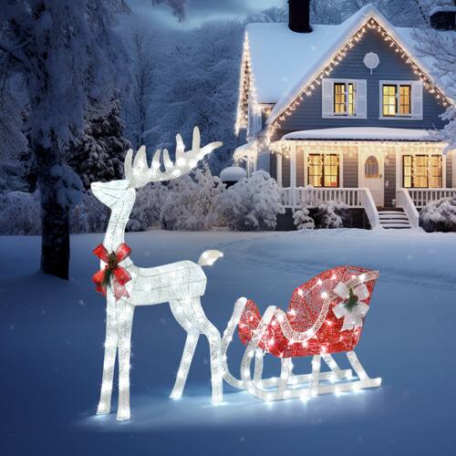 Alt View 6. Winado - Christmas 4FT Reindeer & Sleigh Set with LED Lights for Christmas Indoor Outdoor Garden Holiday Party Decorations - White.