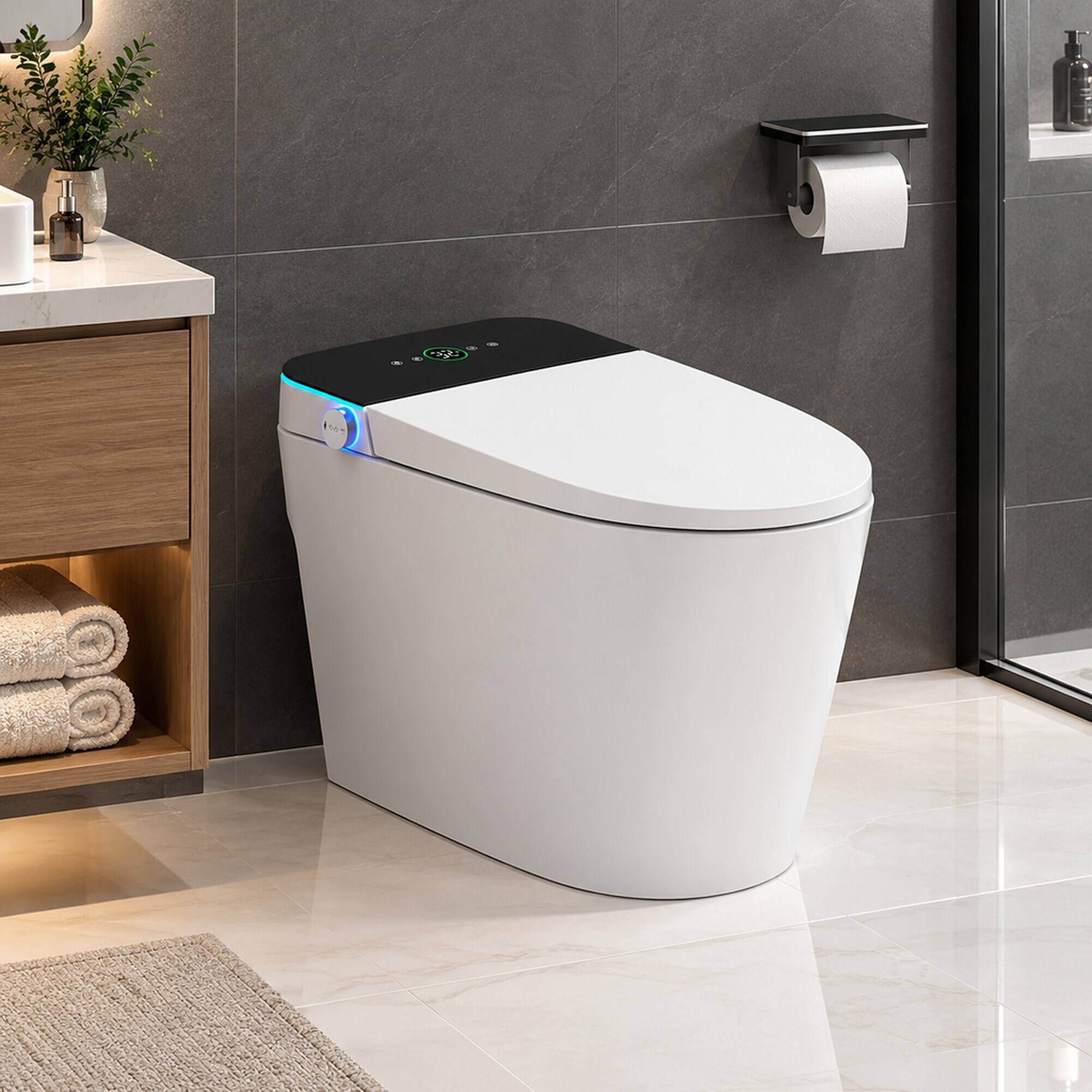 Back. RYHNUYNE - Smart Toilet With Heated Bidet Seat, Auto Open Close Warm Water Dryer Sanitary Fixture For Home Bathroom Daily Use - White.