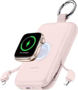 RORRY - CharmGo 10000mAh Portable Charger, 20W Power Bank with Built-in Cables, Keychain Design, for iPhone & Apple Watch - Pink