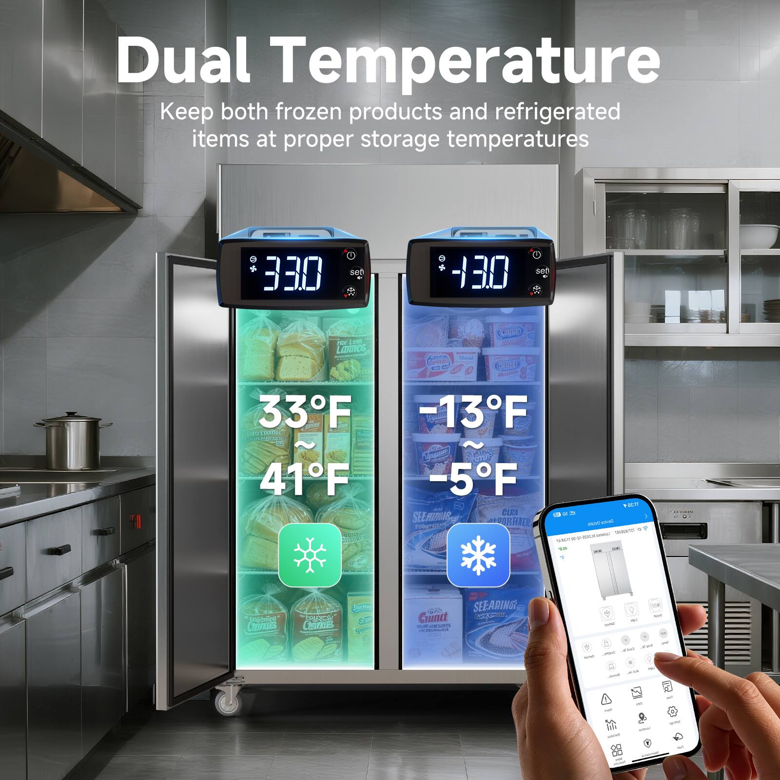 Dual Temperature  
Keep both frozen products and refrigerated items at proper storage temperatures  

33°F - 41°F  
-13°F - -5°F