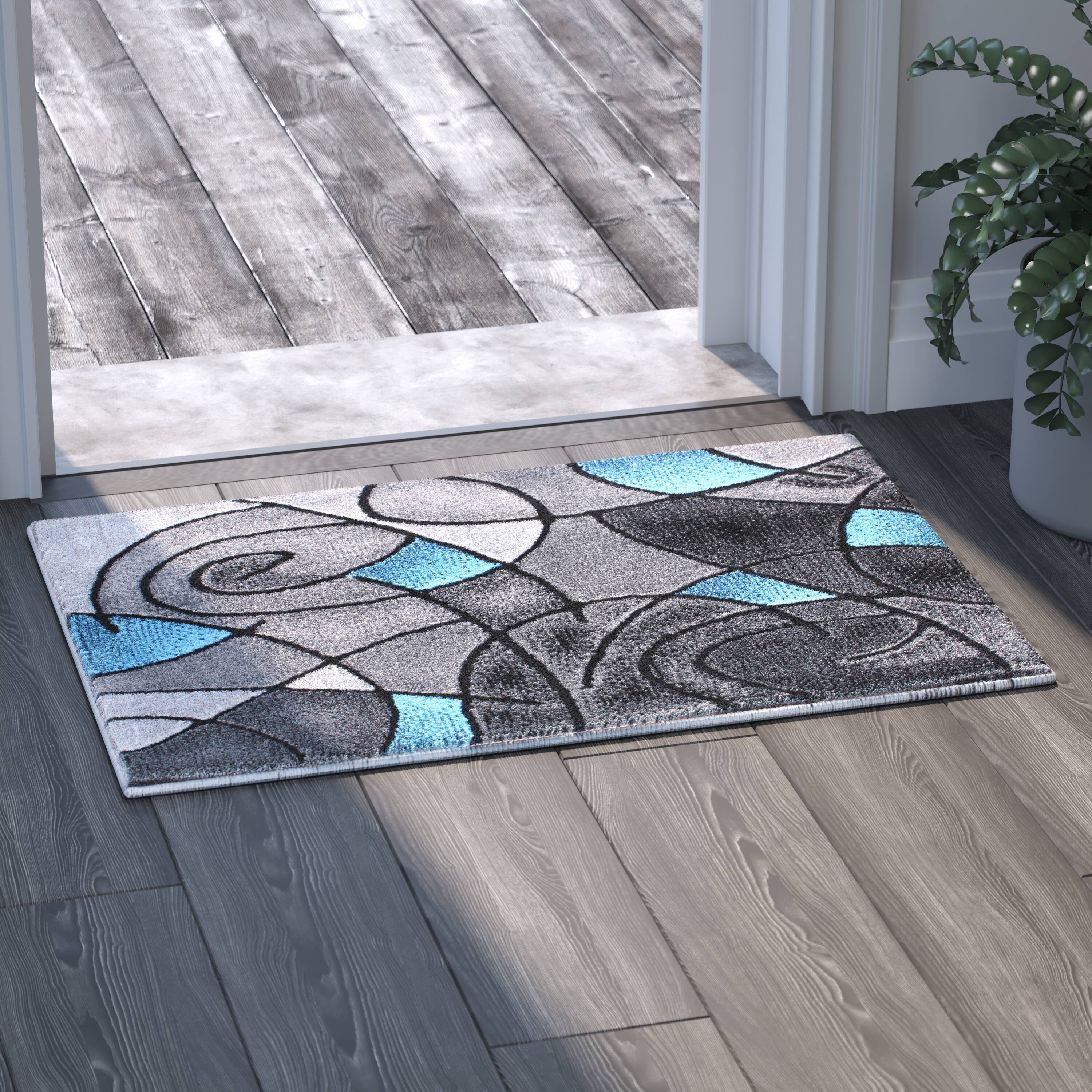 Alt View 2. Emma + Oliver - Urbane Contemporary Abstract Geometric Olefin Accent Rug in Gradient Shades with Natural Jute Backing - Blue.