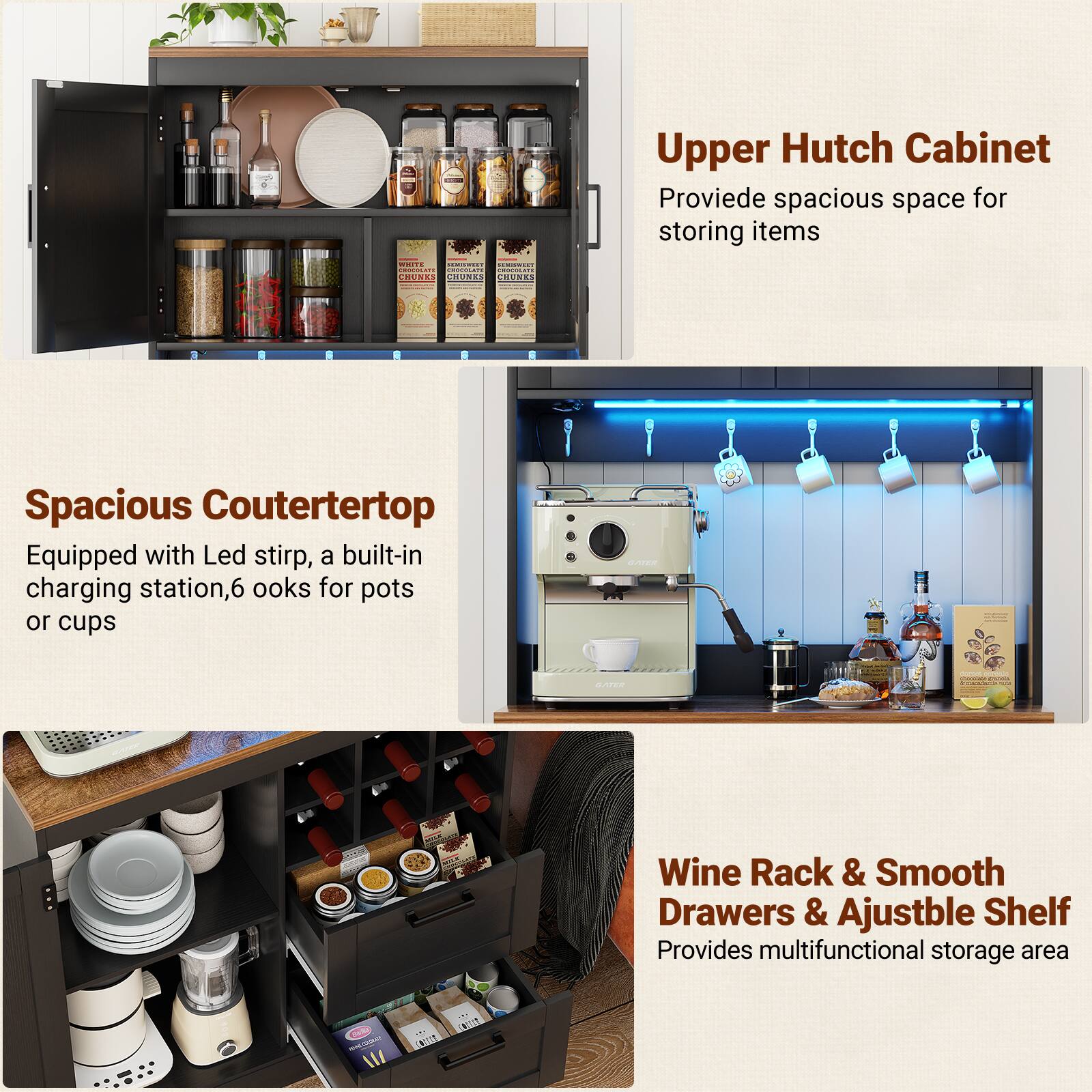 Upper Hutch Cabinet  
Provide spacious space for storing items  

Spacious Countertop  
Equipped with Led strip, a built-in charging station, 6 hooks for pots or cups  

Wine Rack & Smooth Drawers & Adjustable Shelf  
Provides multifunctional storage area