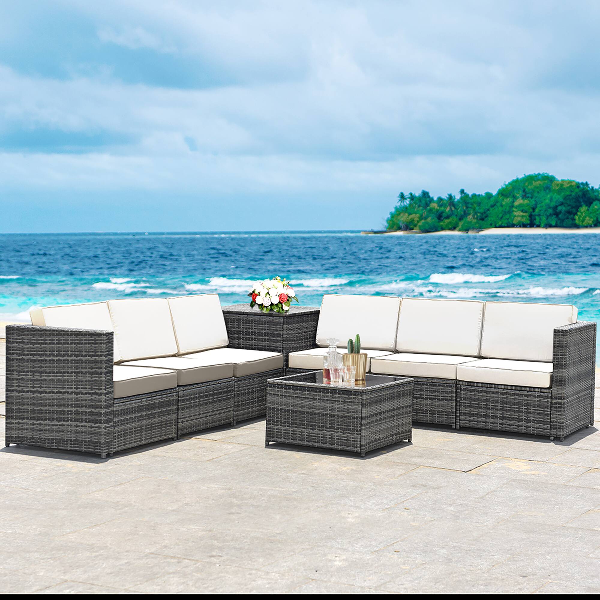 Alt View 3. Costway - 8 PCS Wicker Sofa Rattan Furniture Set Patio Furniture w/ Storage Table - White.