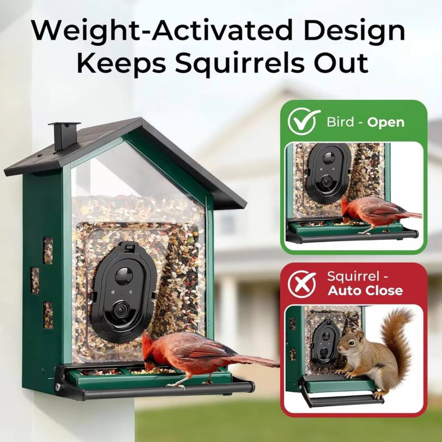 Weight-Activated Design Keeps Squirrels Out

Bird - Open

Squirrel - Auto Close