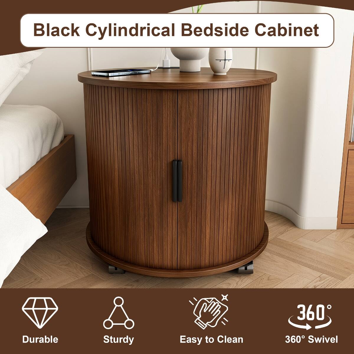 Black Cylindrical Bedside Cabinet

- Durable
- Sturdy
- Easy to Clean
- 360° Swivel
