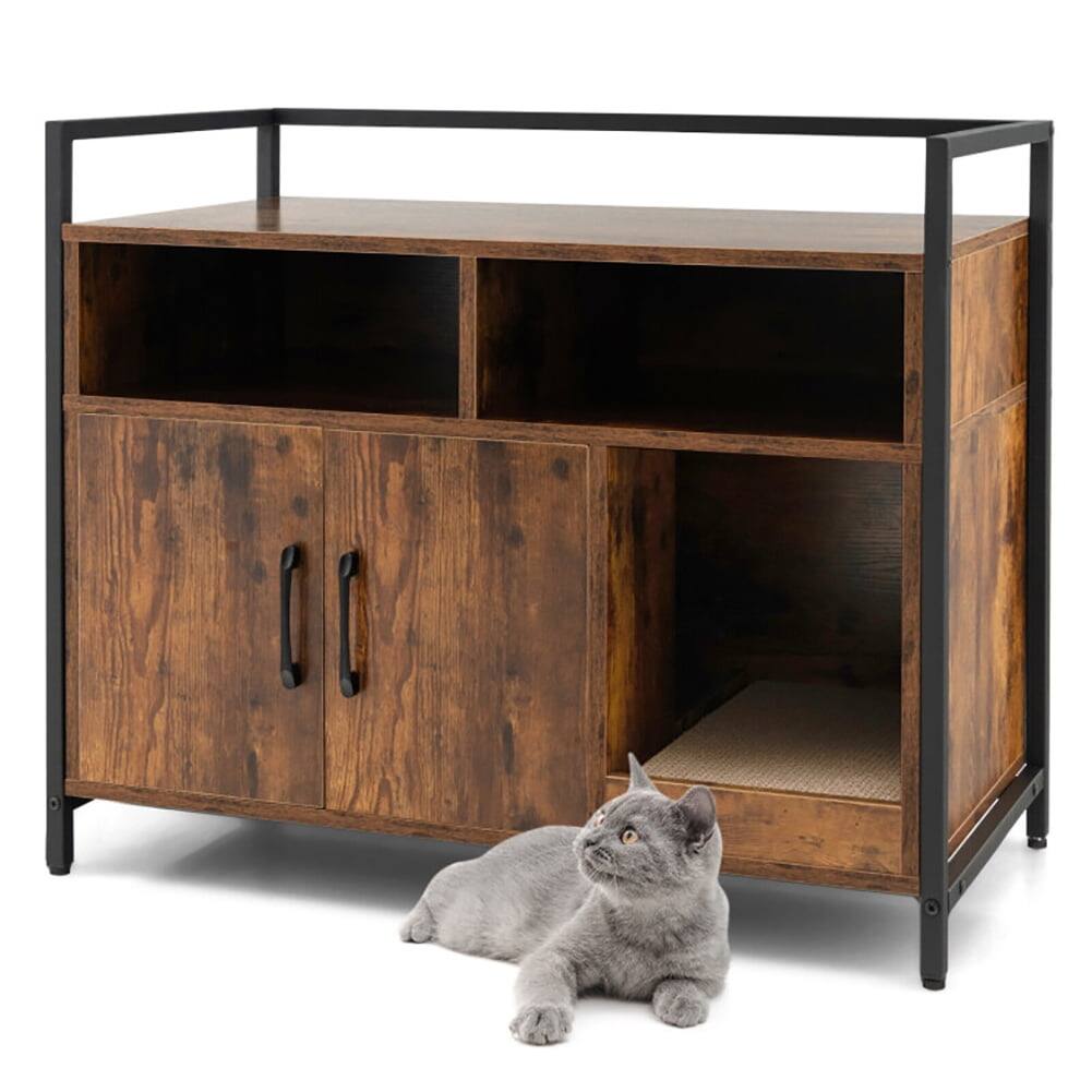 Angle. Pefilos - Hidden Cat Washroom with Double Doors and Scratch Cardboard-Coffee, Cat Litter Box Enclosure , Hidden Cat Washroom - Brown.