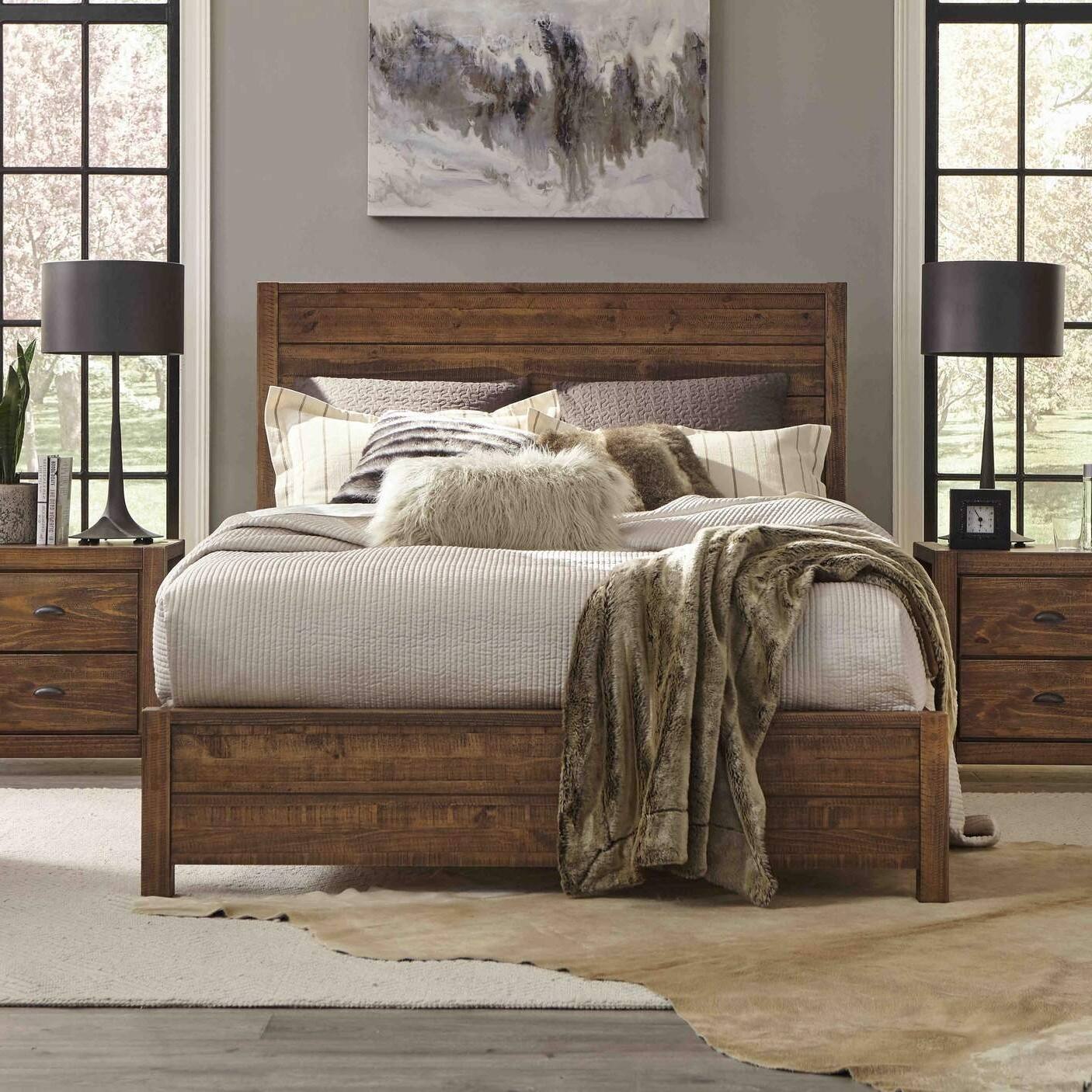 Back. Hivvago - Hivvago FarmHome Walnut Solid Pine Platform Bed in Queen Size - Walnut.