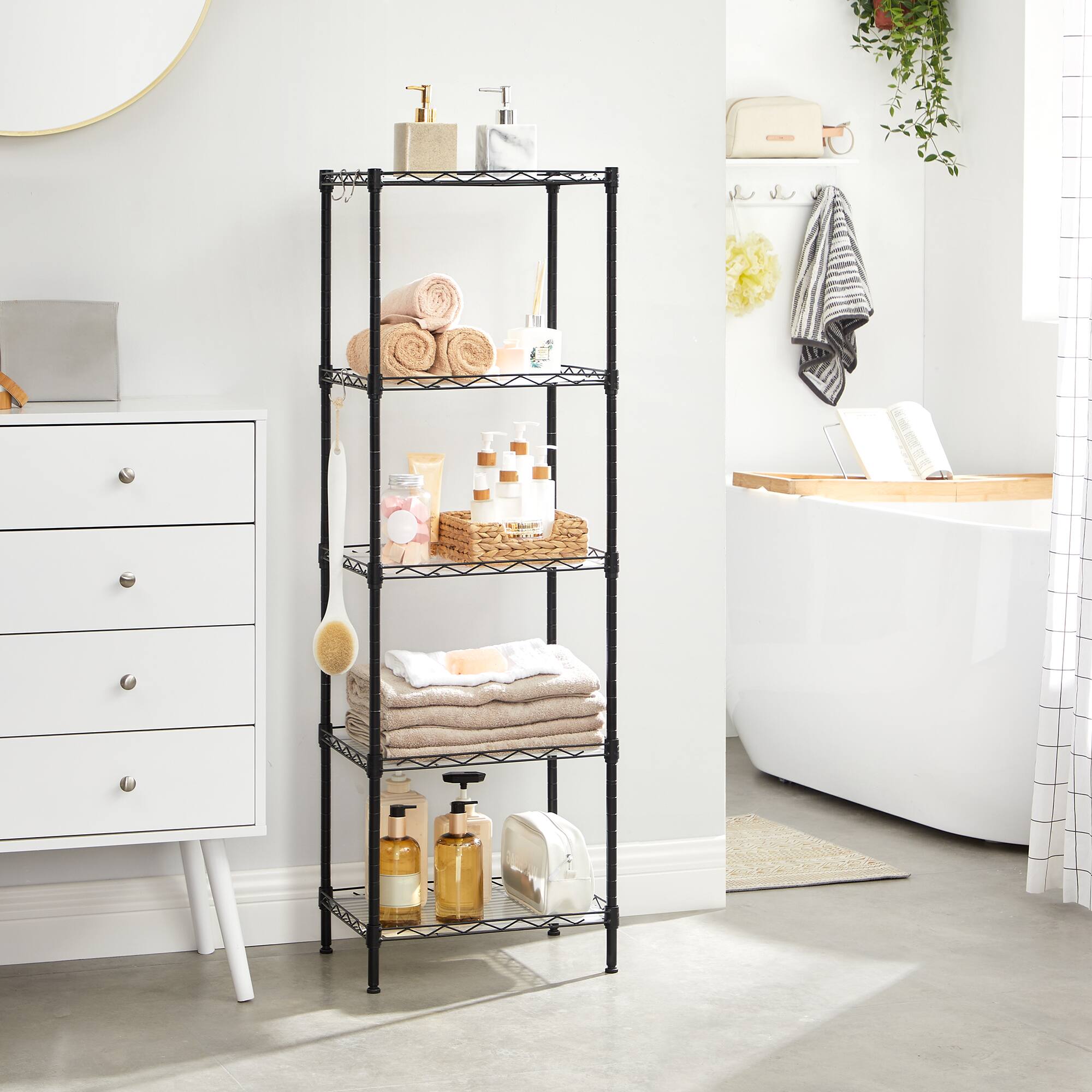 Left. Songmics Home - 5-Tier Metal Storage Shelves, Kitchen Wire Shelving Unit, Storage Rack with Adjustable Shelves, Shelf Liners, 8 Hooks - Black.