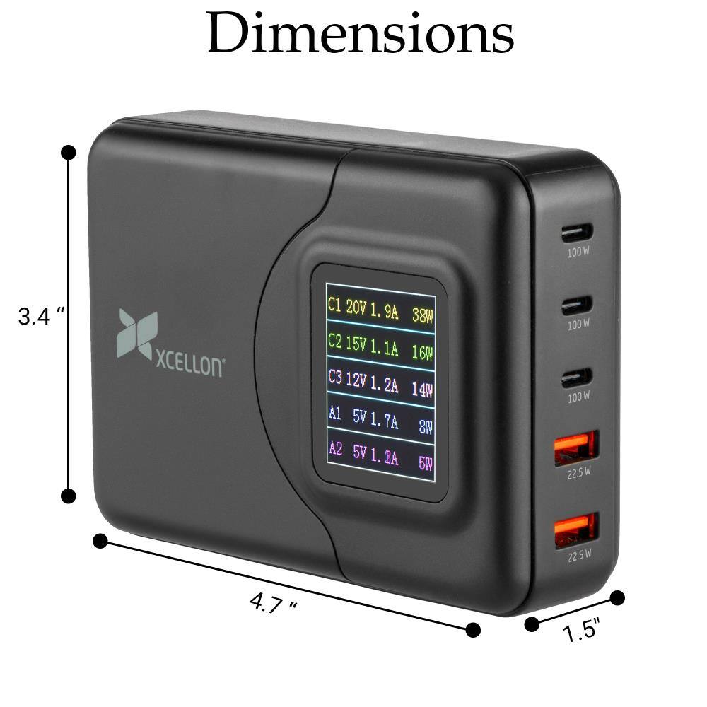 Dimensions
100
3.4"
XCELLON
C1 20V 1.9A 38W
C2 15V 1.1A 16W
C3 12V 1.2A 14W
A1 5V 1.7A 8W
A2 5V 1.2A 6W
100W 100W 22.5W
4.7"
22.5W 1.5"