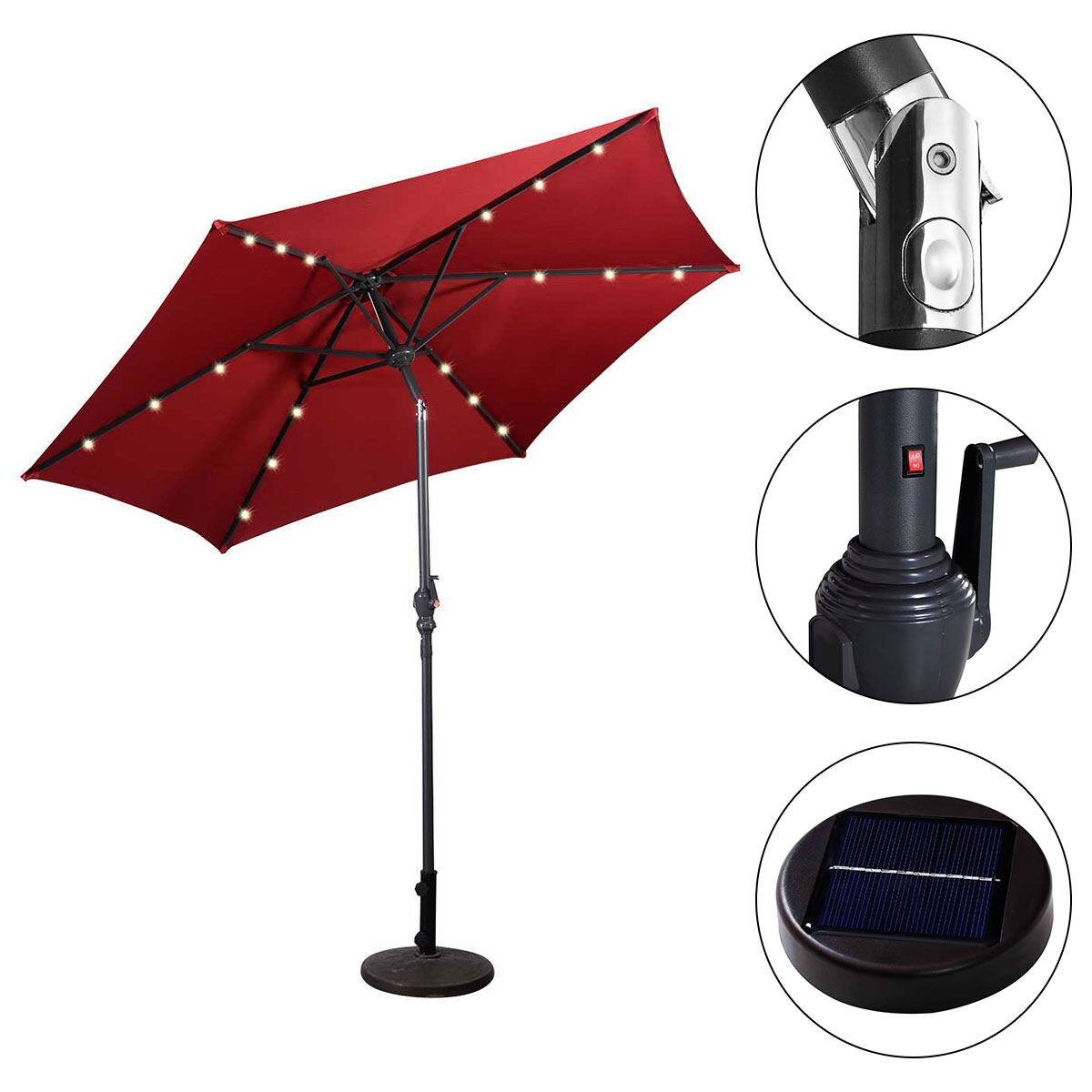 Left. WELLFOR - 9FT Patio Solar LED Umbrella with Tilt and Crank Lift.