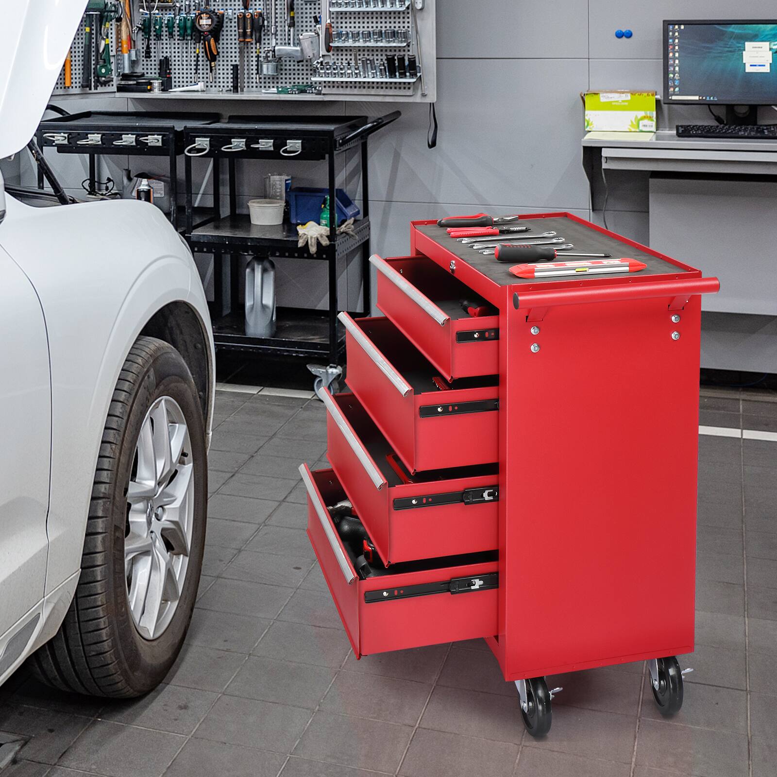 Alt View 4. Winado - 4-Drawer Rolling Tool Chest with Lock&Key & Drawer Liners Tool Storage Cabinet - Red.