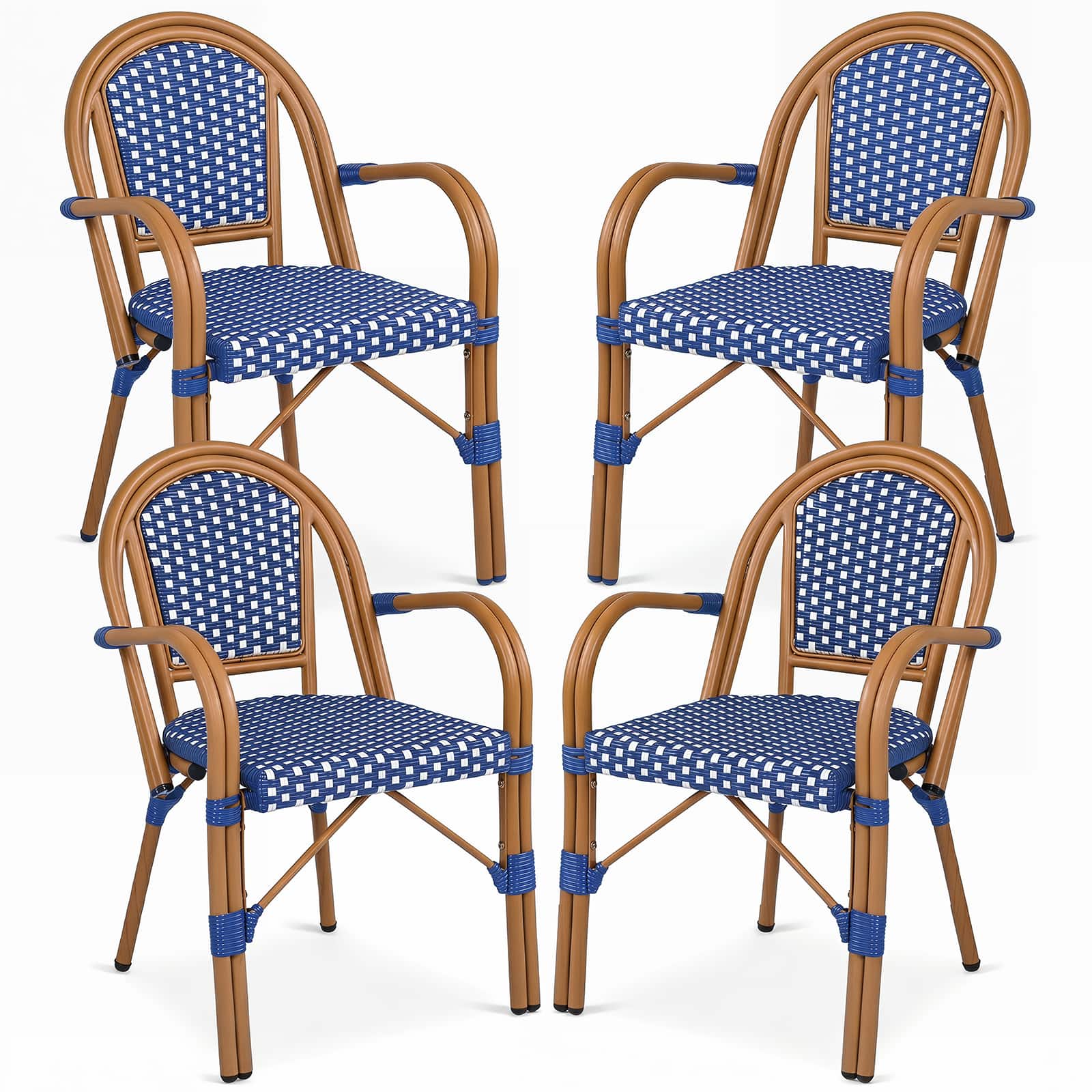 Gymax - Outdoor French Bistro Chairs 4 PCS w/ Armrests Galvanized Metal Frame Blue & White - Blue, White