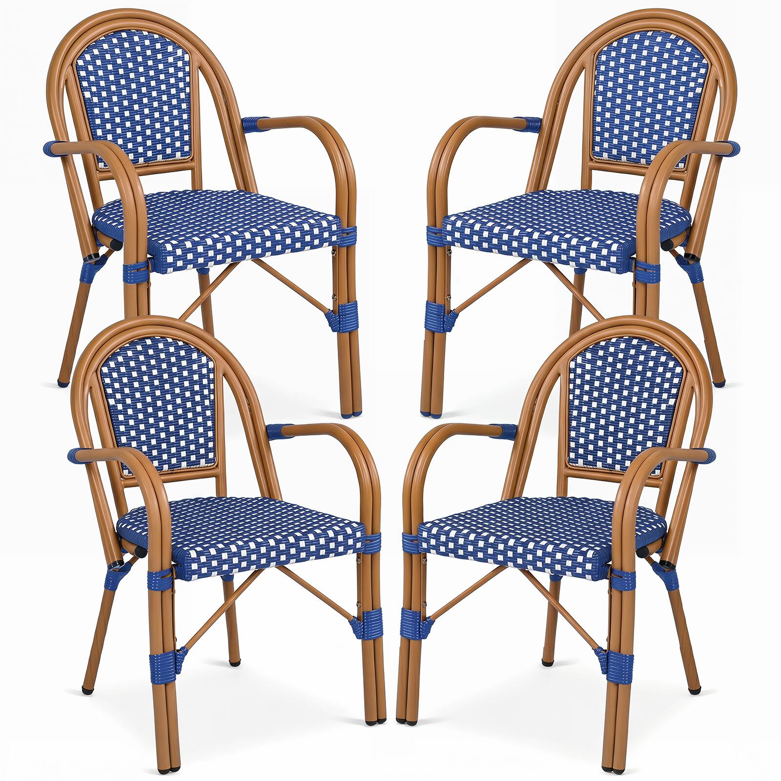 Front. Gymax - Gymax Outdoor French Bistro Chairs 4 PCS w/ Armrests Galvanized Metal Frame Blue & White - Blue, White.