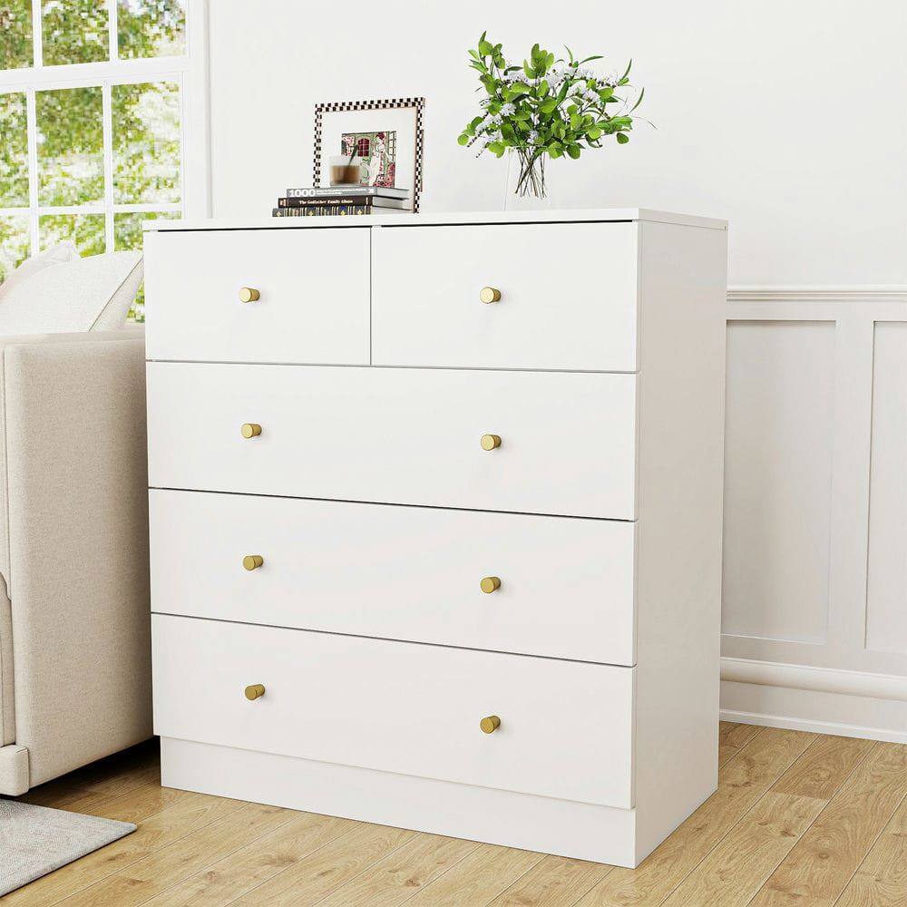 Alt View 5. Kadyn - White Modern Simple 5-Drawer Dresser Nightstand, Compact Storage Cabinet for Bedroom, Living Room - White.