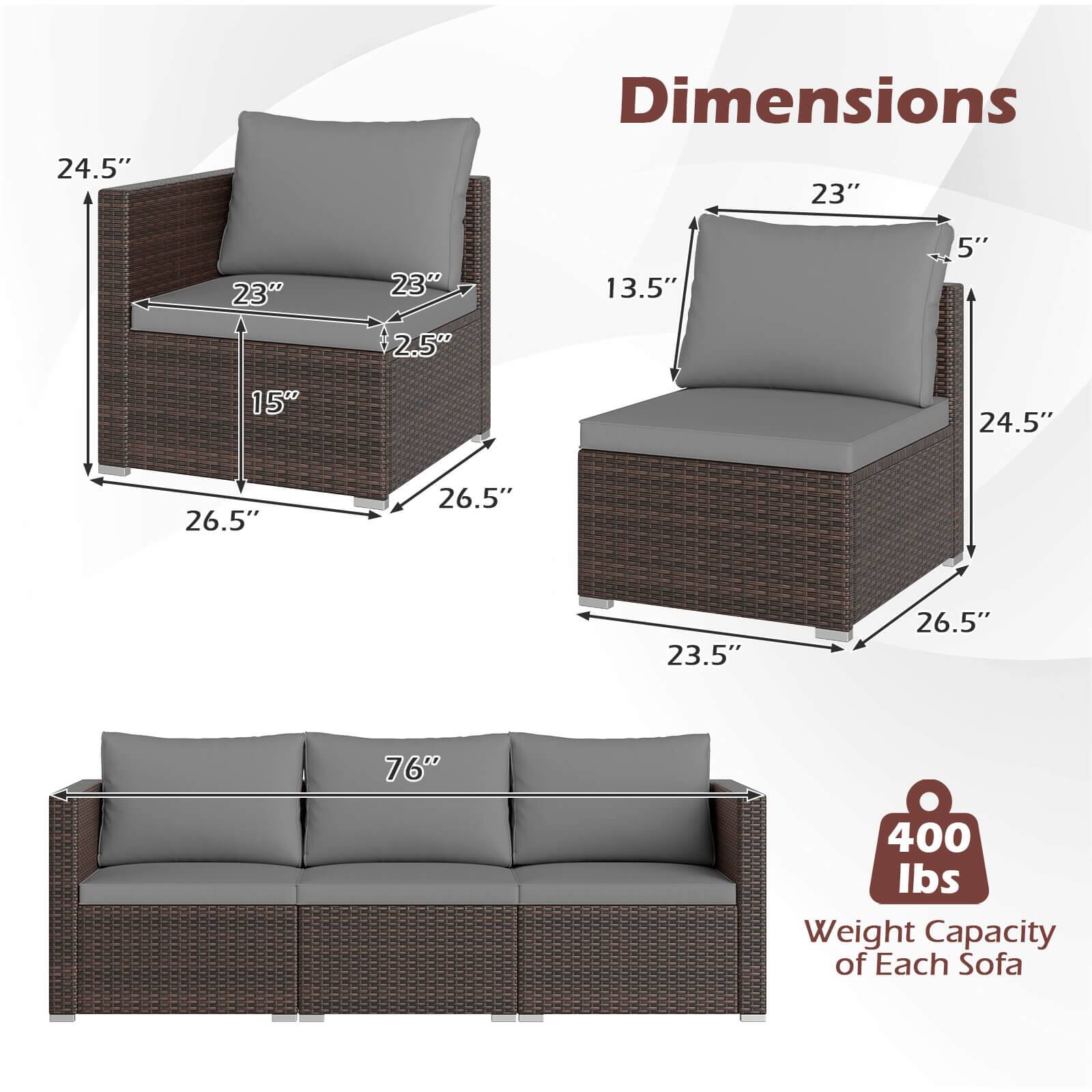 24.5" Dimensions 23" 23" 23" 13.5" 5" 2.5" 15" 24.5" 26.5" 26.5" 23.5" 26.5" 76" 400 lbs Weight Capacity of Each Sofa