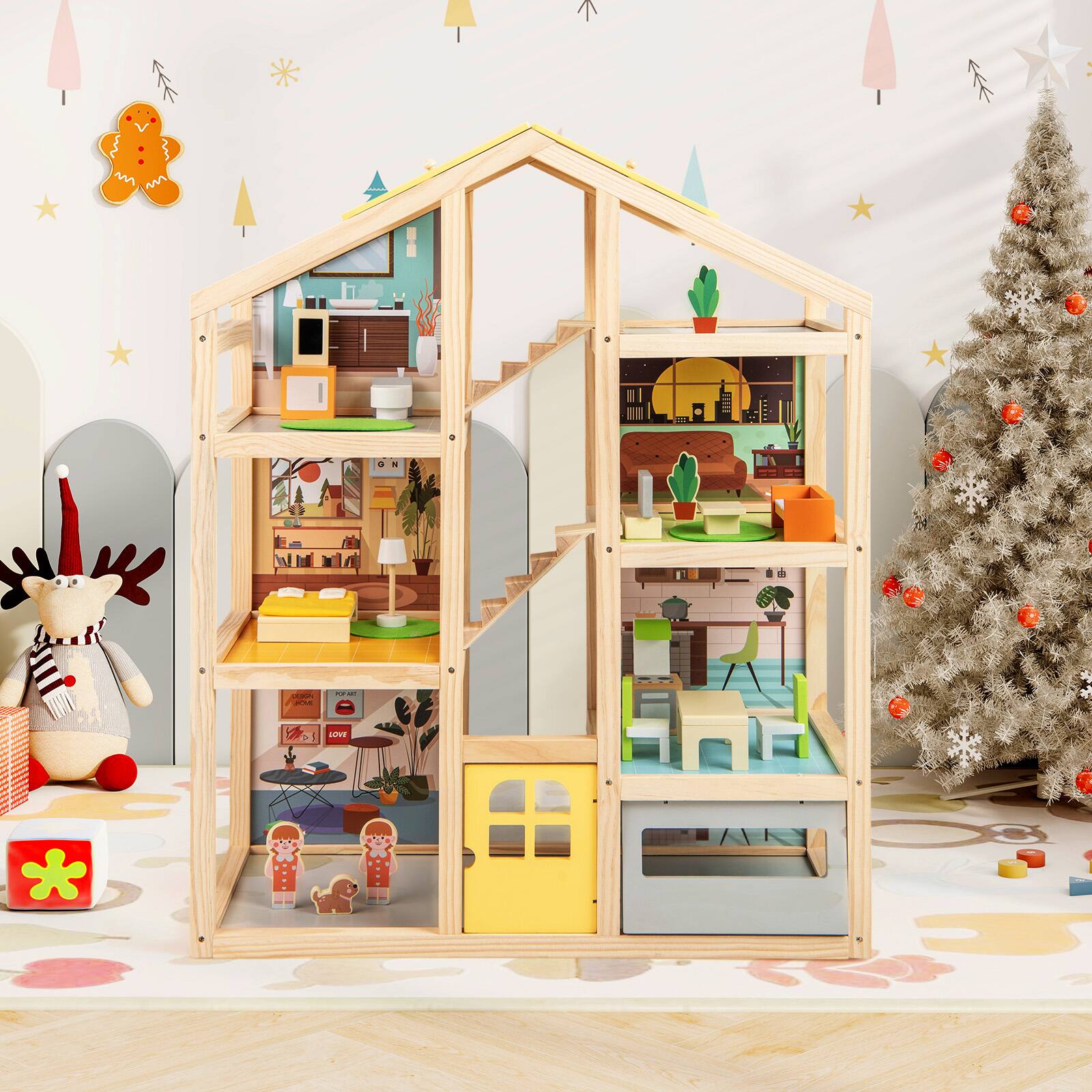 Alt View 2. SlickBlue - Wooden Dollhouse for Kids Modern Family Playhouse with Furniture and Figures - Natural.