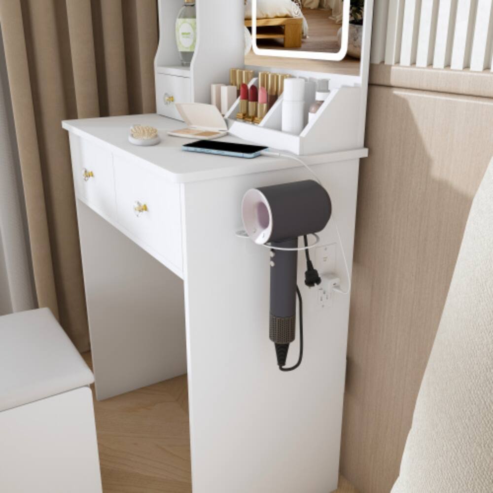 Alt View 5. LUCKY ONE - Small Vanity Desk with 3-Mode LED Mirror, 3 Drawers, Open Shelves, Power Socket and Chair - White.