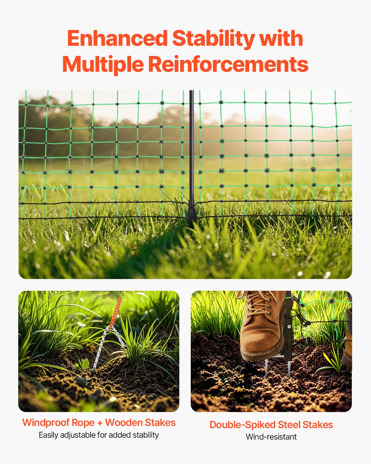 Enhanced Stability with Multiple Reinforcements

Windproof Rope + Wooden Stakes  
Easily adjustable for added stability

Double-Spiked Steel Stakes  
Wind-resistant
