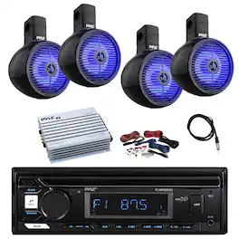 Pyle - Marine Bluetooth Stereo Receiver, 4x 8" 300W Bluetooth LED Off-Road Tower Speakers, Amplifier w/Kit, Radio Antenna