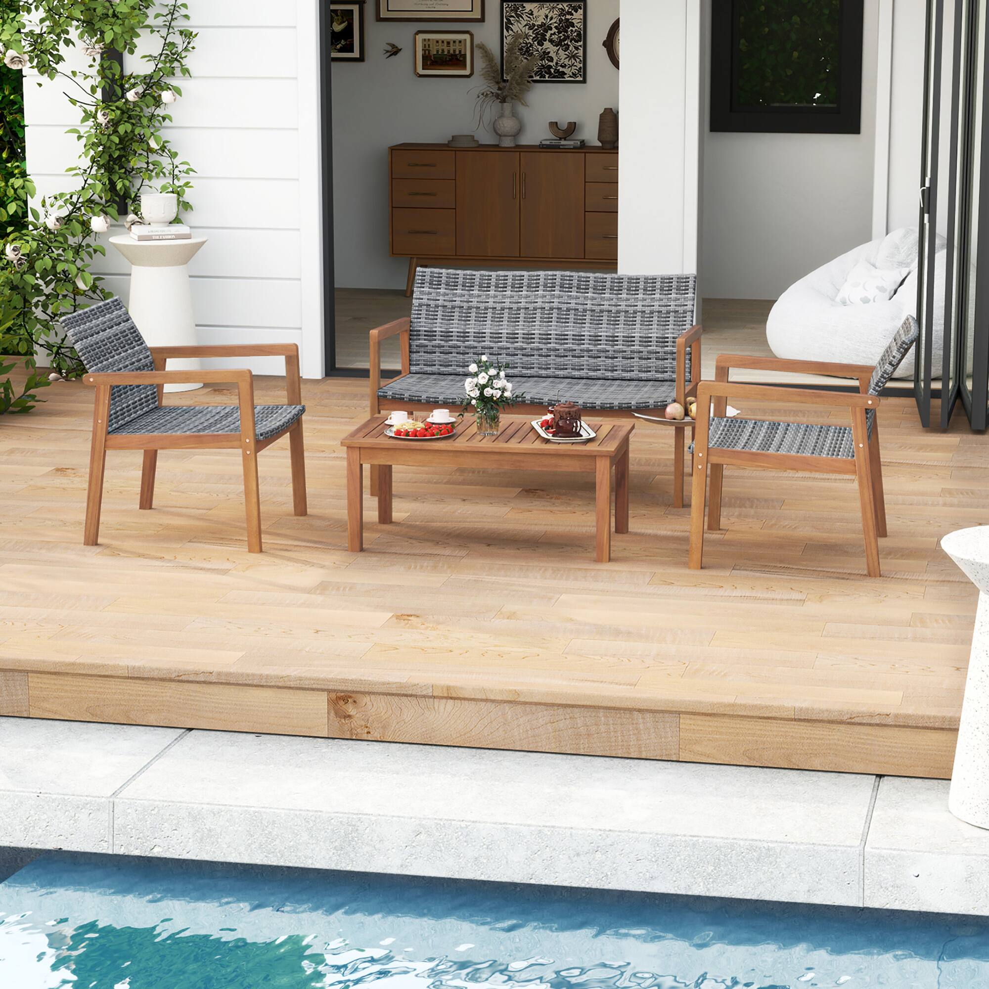 Alt View 3. Gymax - Gymax 4 Pieces Outdoor Furniture Set Acacia Wood Frame Sofa Set w/ Rattan Seat - Mix Gray.