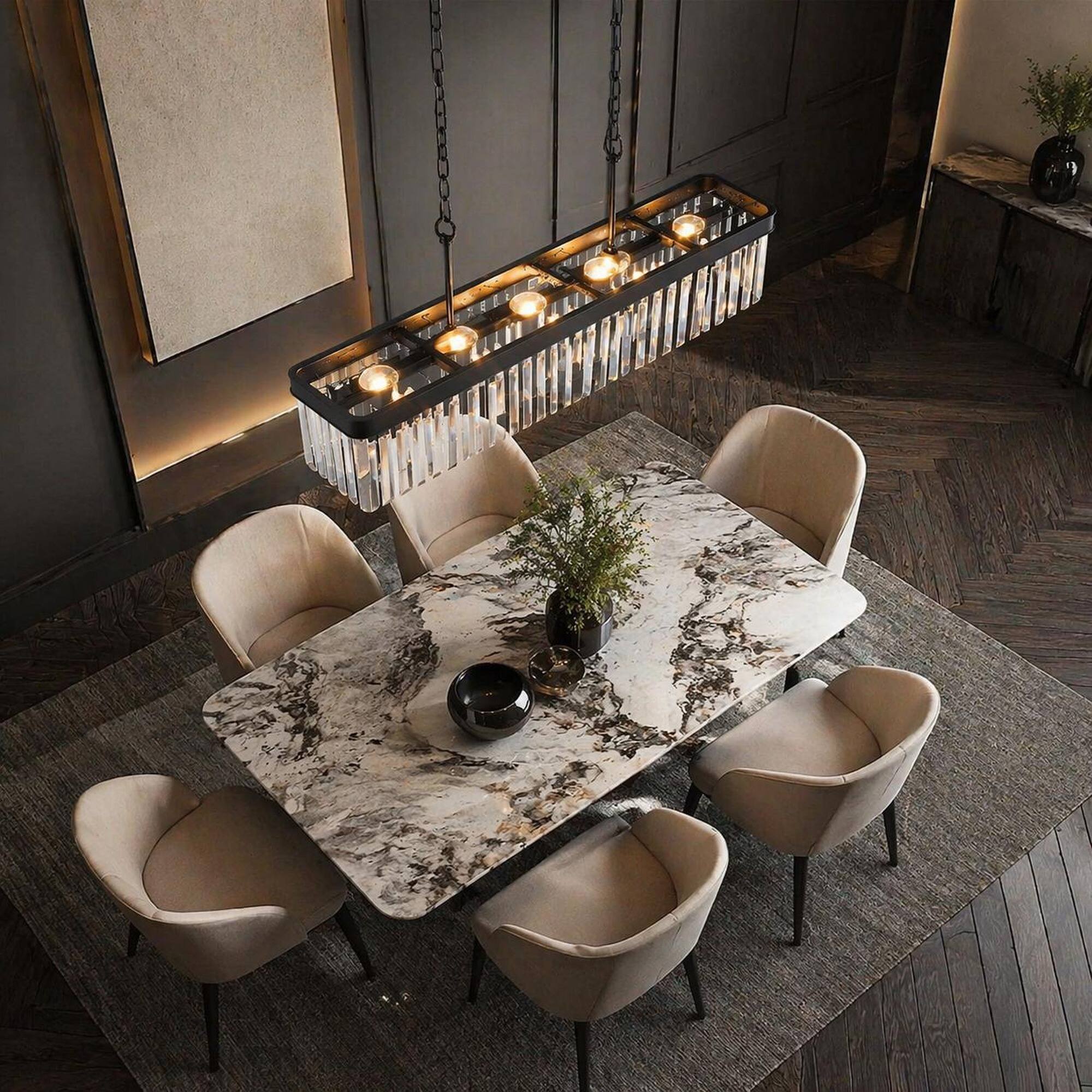 Back. RYHNUYNE - Rectangular Crystal Chandelier with Adjustable Height, Modern Industrial Iron Frame, E12 Sockets for Kitchen Island.