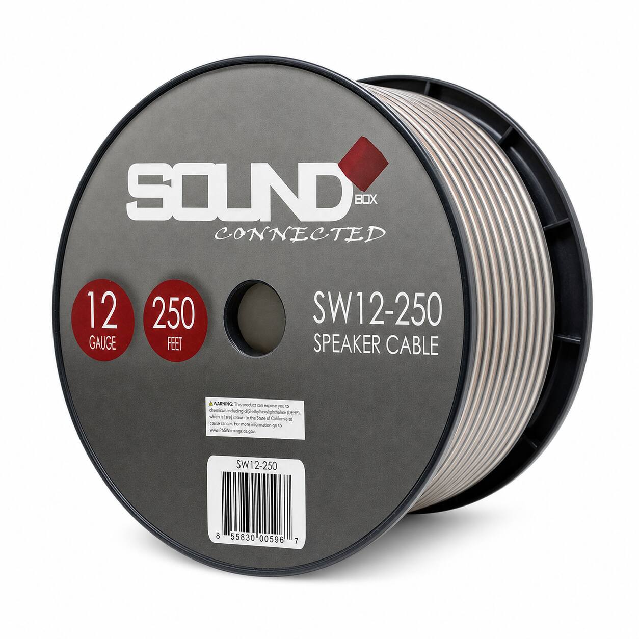 SOUND BOX CONNECTED  
12 GAUGE  
250 FEET  
SW12-250 SPEAKER CABLE  
WARNING: This product can expose you to chemicals including di(2-ethylhexyl)phthalate (DEHP), which is listed by the State of California to cause cancer. For more information go to www.P65Warnings.ca.gov  
SW12-250  
8 55830 00596 7