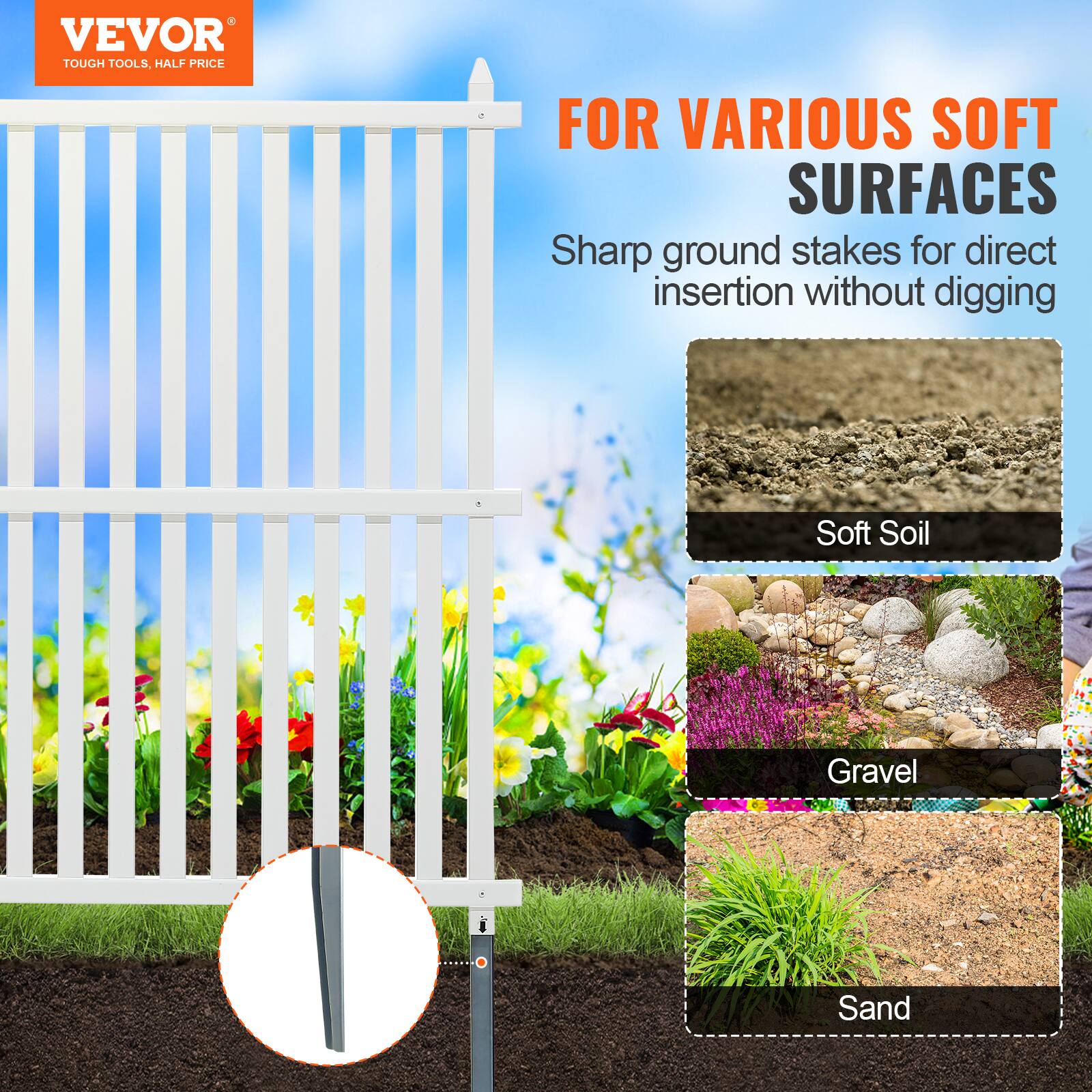 VEVOR TOUGH TOOLS. HALF PRICE FOR VARIOUS SOFT SURFACES. Sharp ground stakes for direct insertion without digging. Soft Soil. Gravel. Sand.