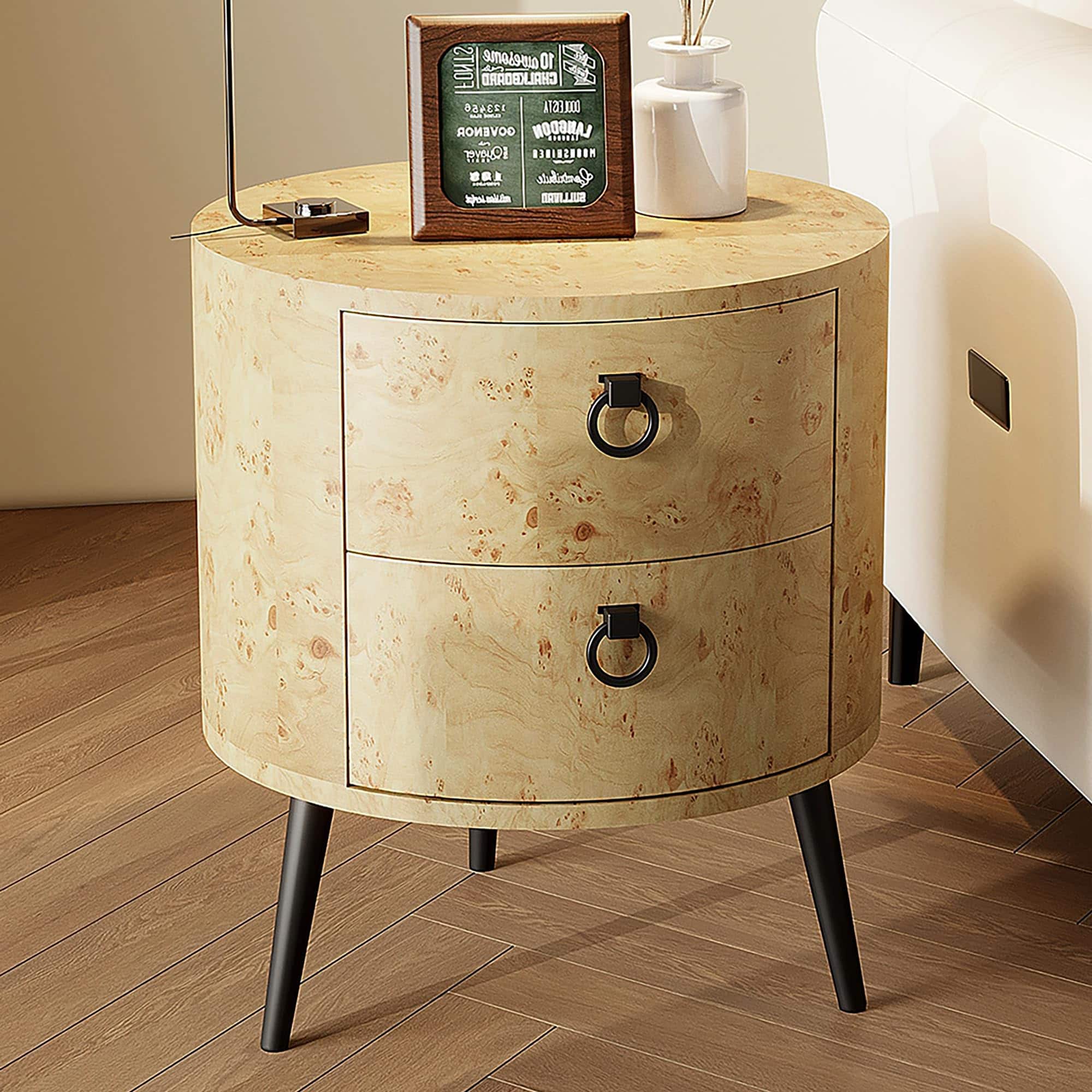 Acekool - Round Side Table with Drawers Modern Night Stand with Storage Wooden Accent End Table Circle Bedside Table - Gold