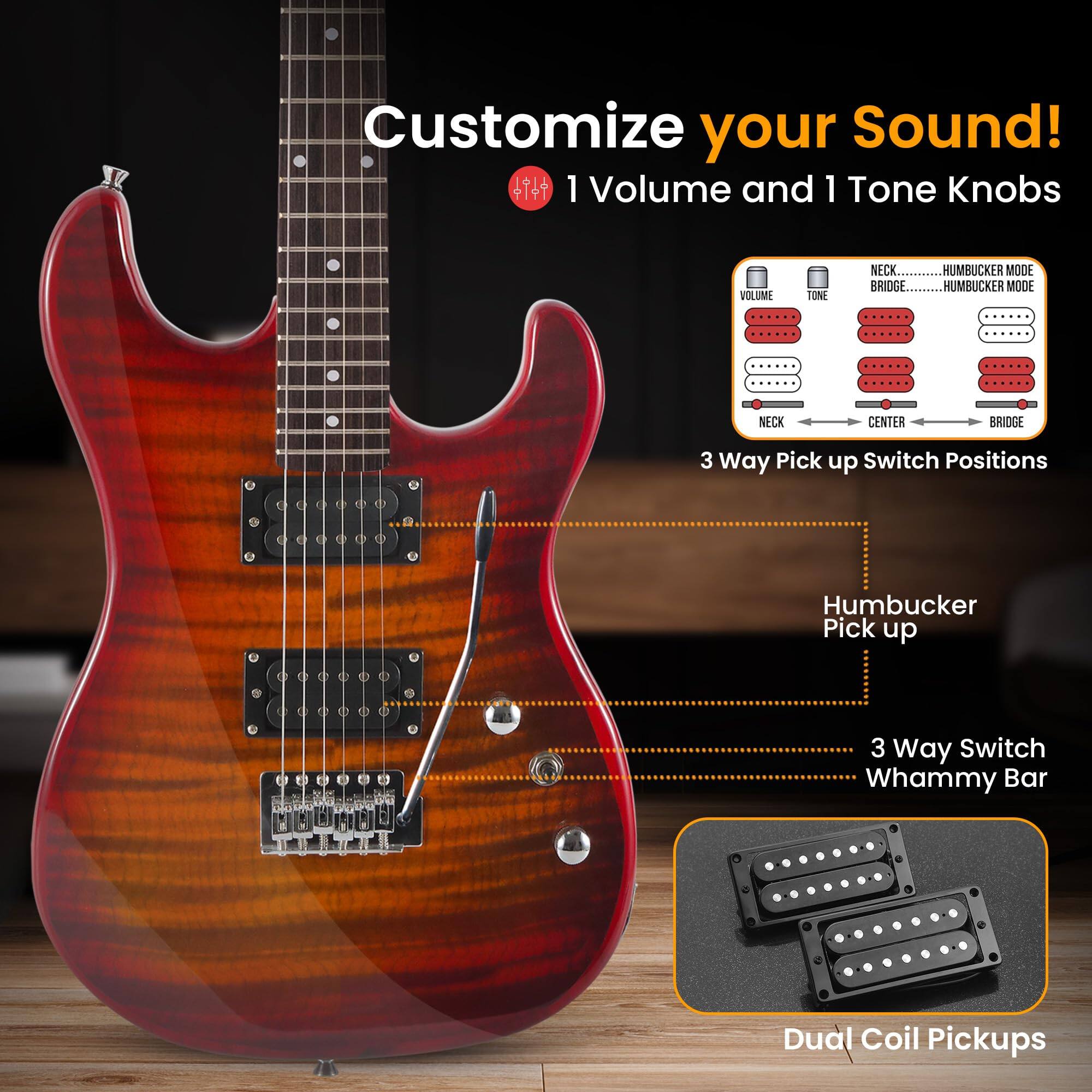 Customize your Sound!  
1 Volume and 1 Tone Knobs  
VOLUME TONE  
NECK BRIDGE  
HUMBUCKER MODE  
HUMBUCKER MODE  
NECK CENTER BRIDGE  
3 Way Pick up Switch Positions  
Humbucker Pick up  
3 Way Switch  
Whammy Bar  
Dual Coil Pickups
