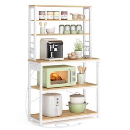 Songmics Home - Bakers Rack with Power Outlet, 31.5 Inches Coffee Bar for Kitchen Storage, 6-Tier Kitchen Shelves with 6 Hooks - Golden Oak and White