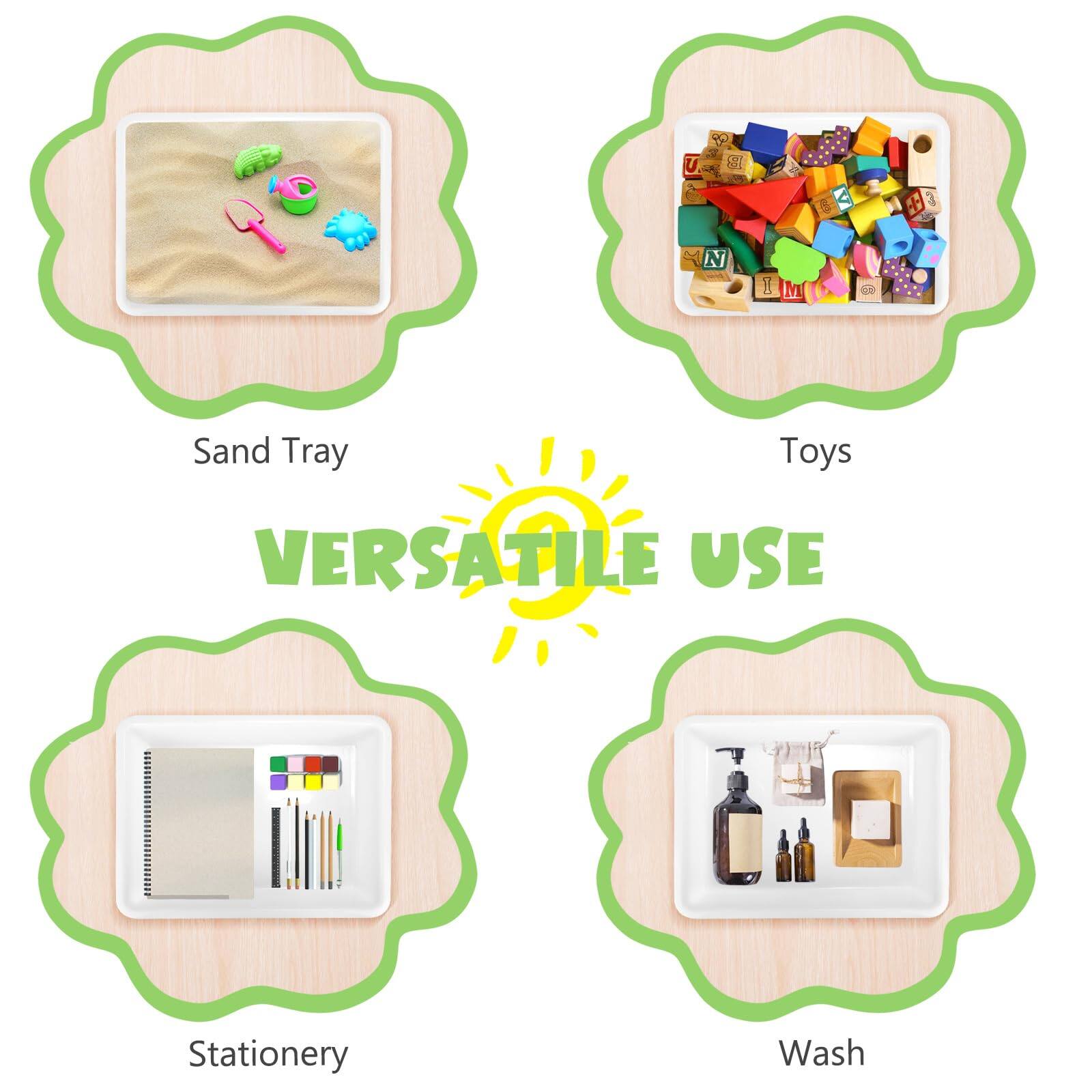 Sure, here is the corrected and grouped text from the image:

---

**Sand Tray**

**Toys**

**Stationery**

**Wash**

**VERSATILE USE**

---