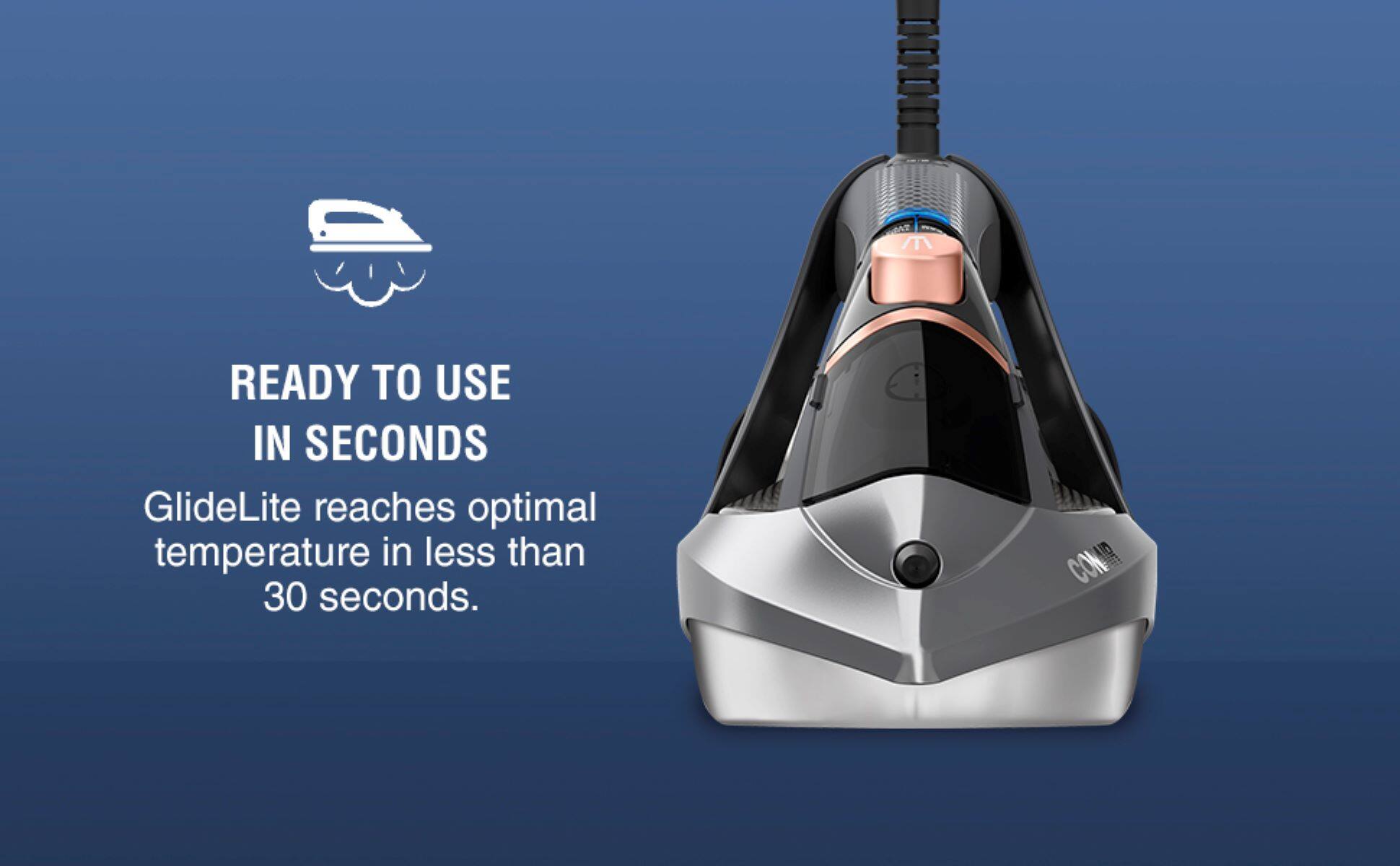 The text on the image is grouped and corrected as follows:

"Ready to use in seconds. GlideLite reaches optimal temperature in less than 30 seconds."