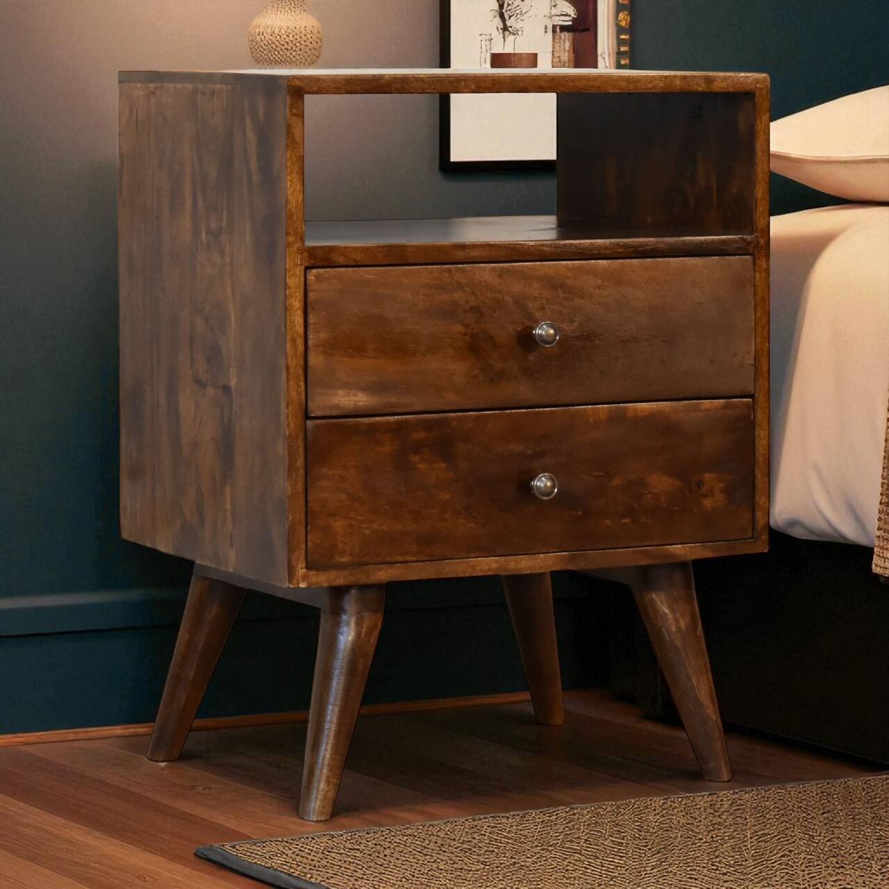 Angle. Artisan Furniture - Artisan Furniture Solid Wood Classic Chestnut Nightstand, 2 Drawers, 1 Open slot, Nordic Legs, Dark Brown - Chestnut.