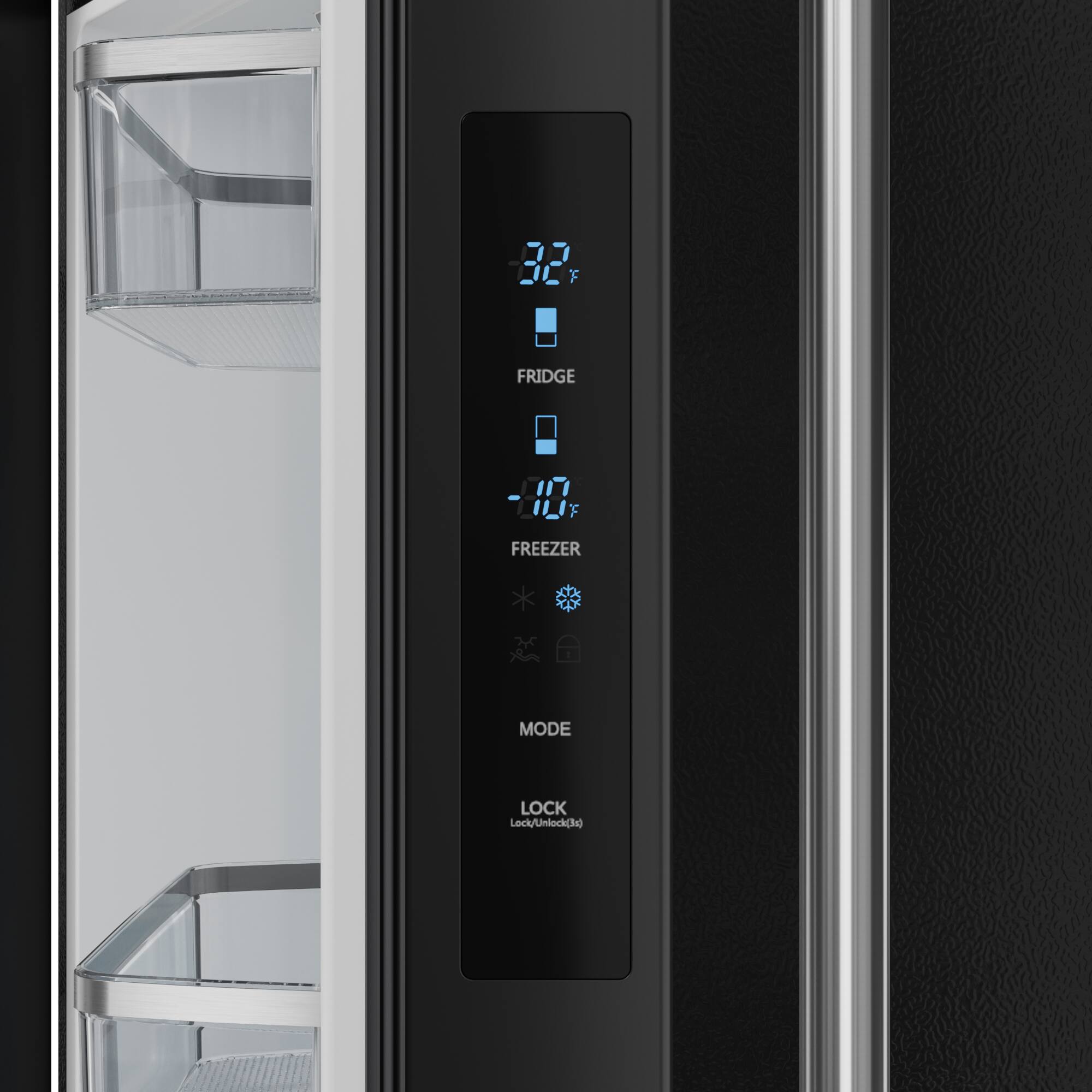 The text on the image reads: "32 F FRIDGE -00 FF FREEZER MODE LOCK Lock/Unlock (x)". This text indicates that the refrigerator is set to 32 degrees Fahrenheit, and the freezer is set to 0 degrees Fahrenheit. The "FF" stands for "Fridge Freezer," and the "Lock/Unlock (x)" refers to the lock or unlock feature of the refrigerator.