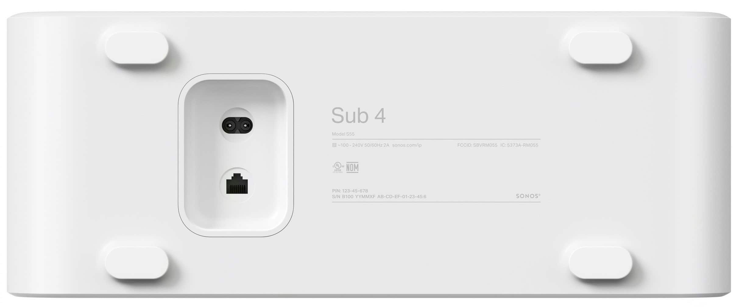 The text on the image reads: "Sub 4 Model S55 D -100 240V 50/GOH 2A sonos.com/ip FCCID:SEIVRMOSS IC: 5373A-RMOS5 1T NOM PIN 123-45-678 S/N H100 YYMMXF AB-CD-EF-01-23-45:0 SONOS."