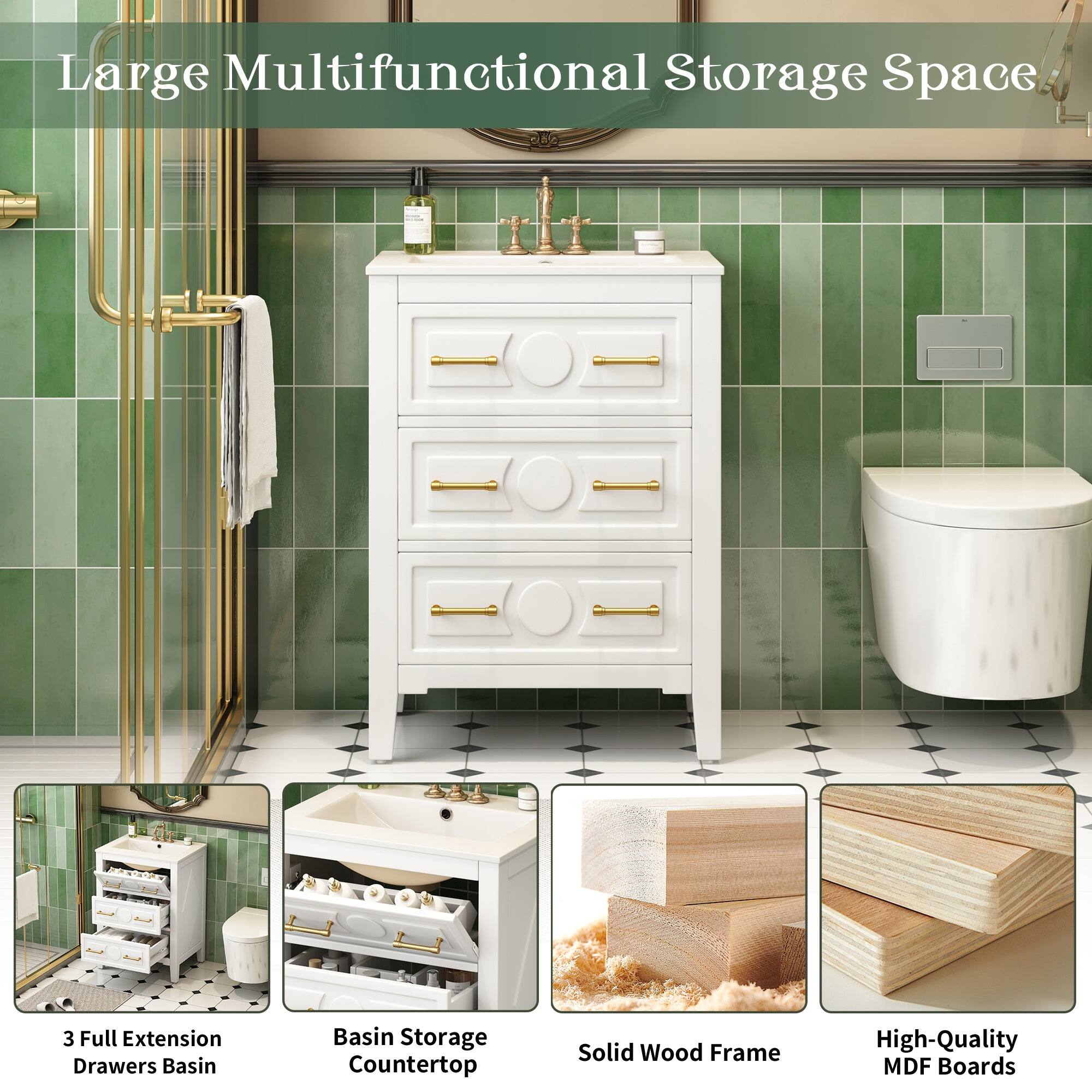 Large Multifunctional Storage Space  
3 Full Extension Drawers Basin  
Basin Storage Countertop  
Solid Wood Frame  
High-Quality MDF Boards