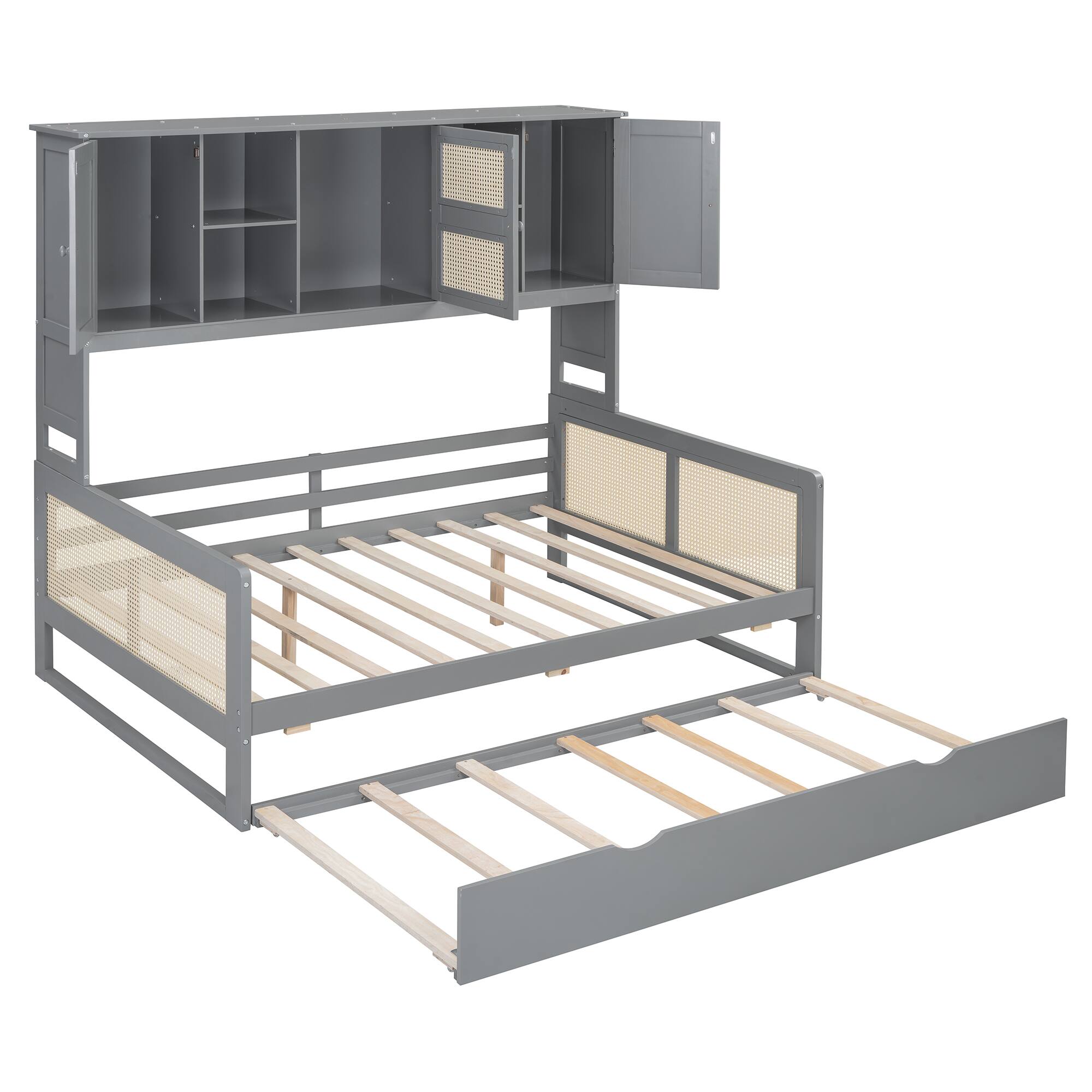 Alt View 8. Tiramisubest - Full Size Wooden Daybed With Twin Size Trundle, and All-in-One Cabinet and Shelf, Gray - Gray.