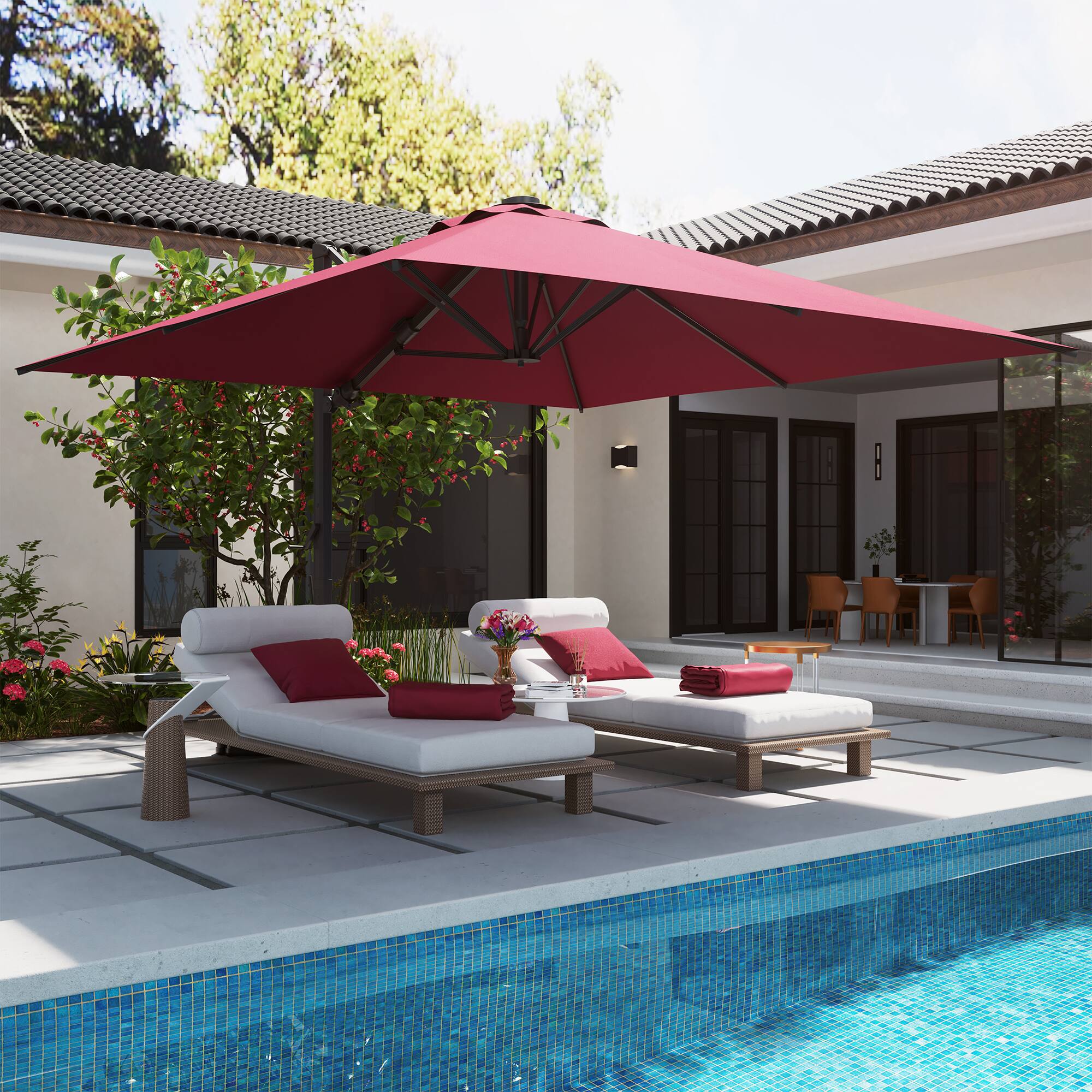 Left. Mondawe - 10*10ft Large Patio Cantilever Umbrella Square with Base - Red.