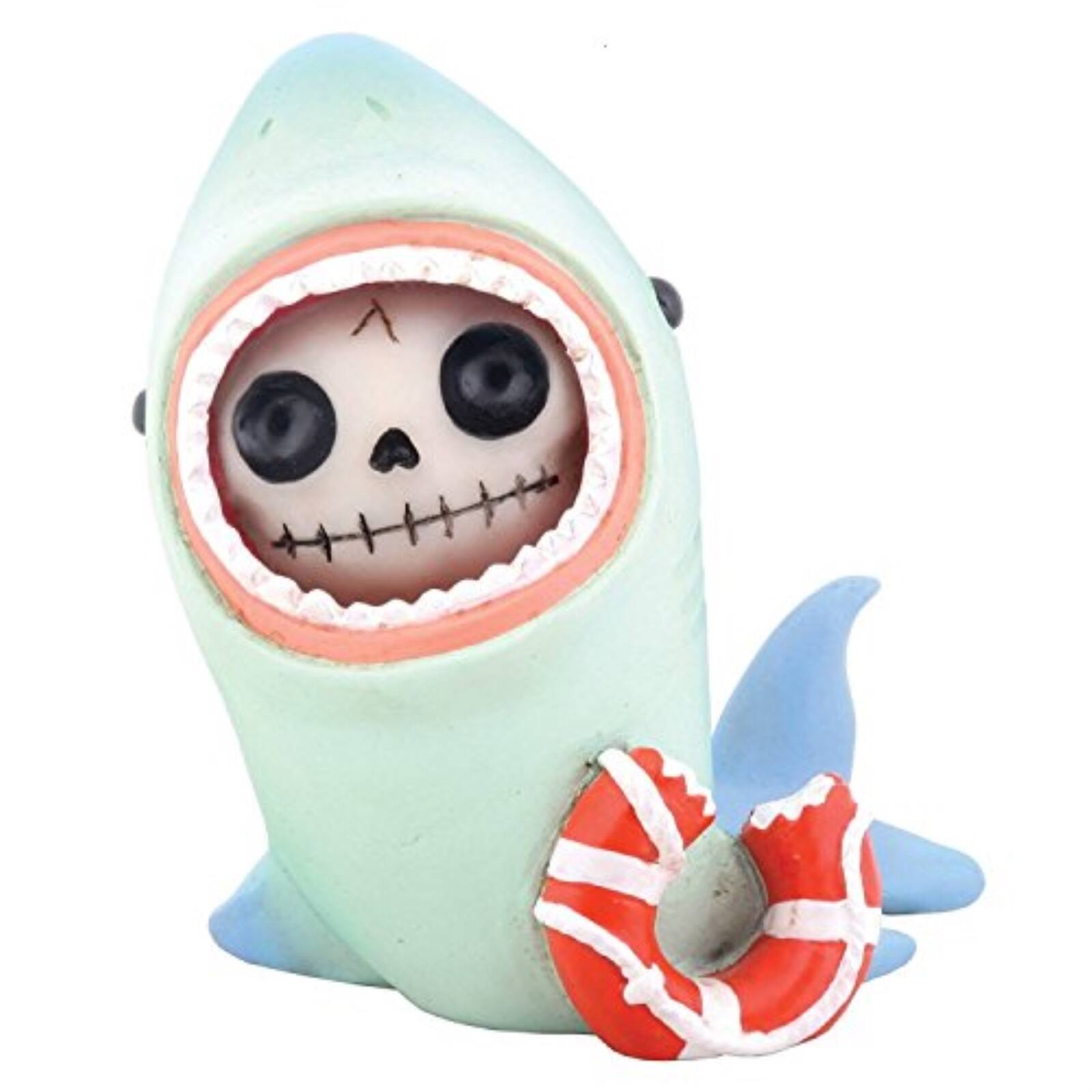 Front. Pacific Trading - Furrybones Sharkie Skeleton in Shark Costume with a Chewed Lifesaver Figurine - Blue.