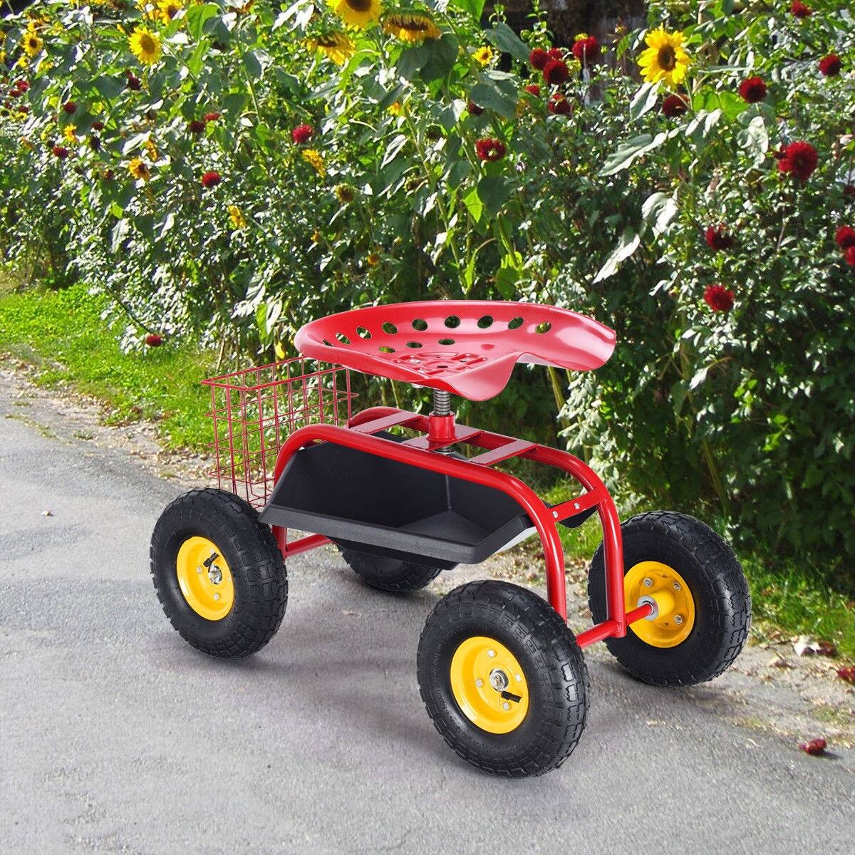 Alt View 3. SKONYON - Rolling Garden Work Seat with Tool Tray and Large Pneumatic Wheels - Red.
