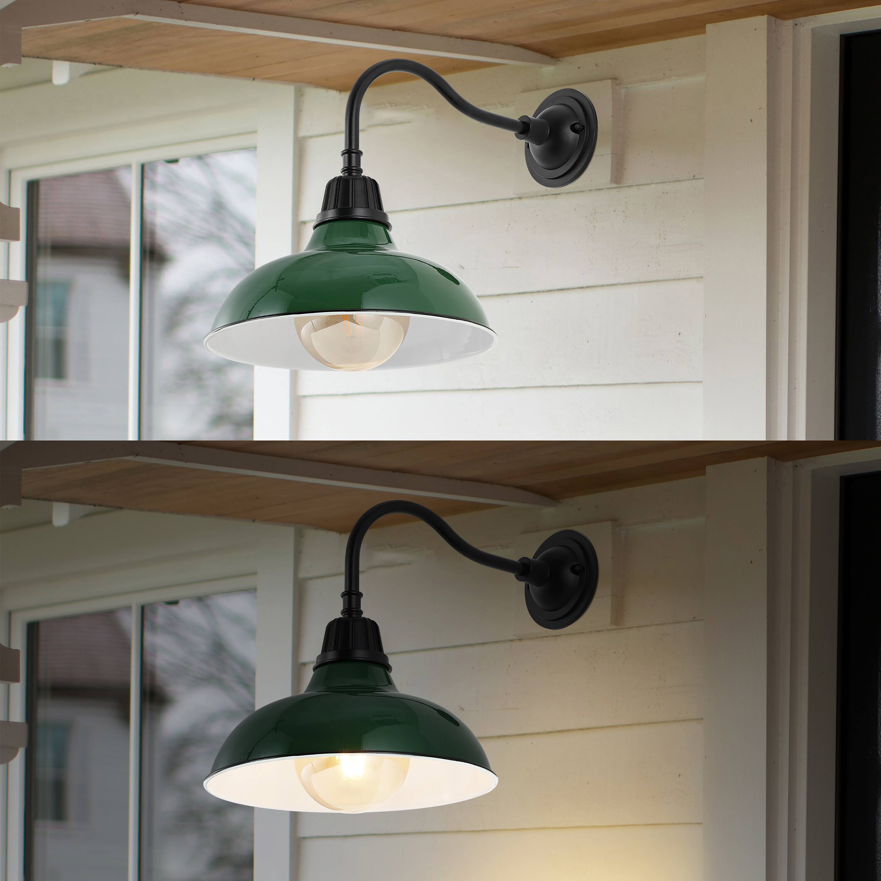 Alt View 3. Jonathan Y - Aurora 12.25" 1-Light Farmhouse Industrial Indoor/Outdoor Iron LED Gooseneck Arm Outdoor Sconce, Green - Green/Black.