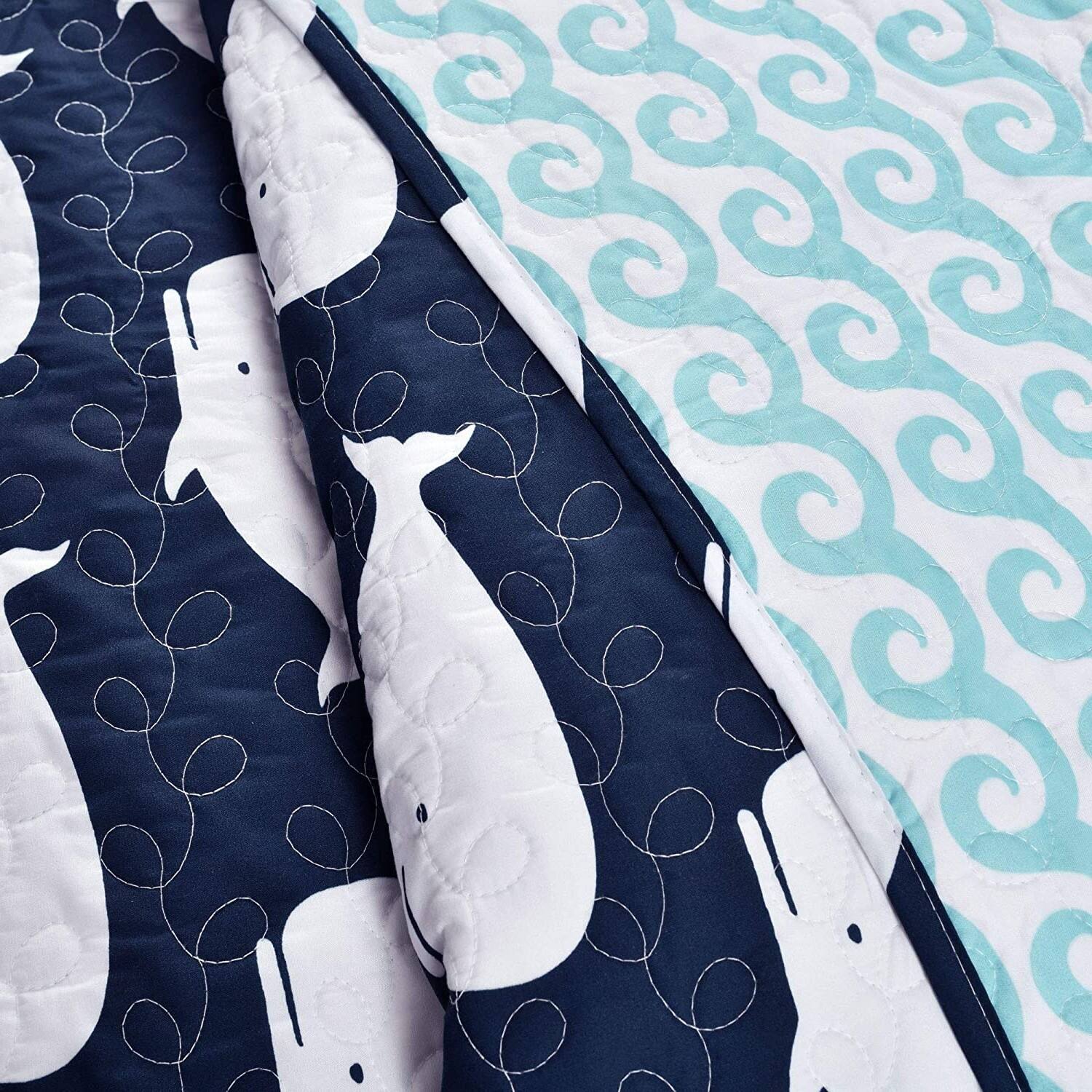 Left. Hivvago - Full/Queen 5 Piece Bed In A Bag Navy Teal Microfiber Waves Whales Quilt Set - Navy, Teal.