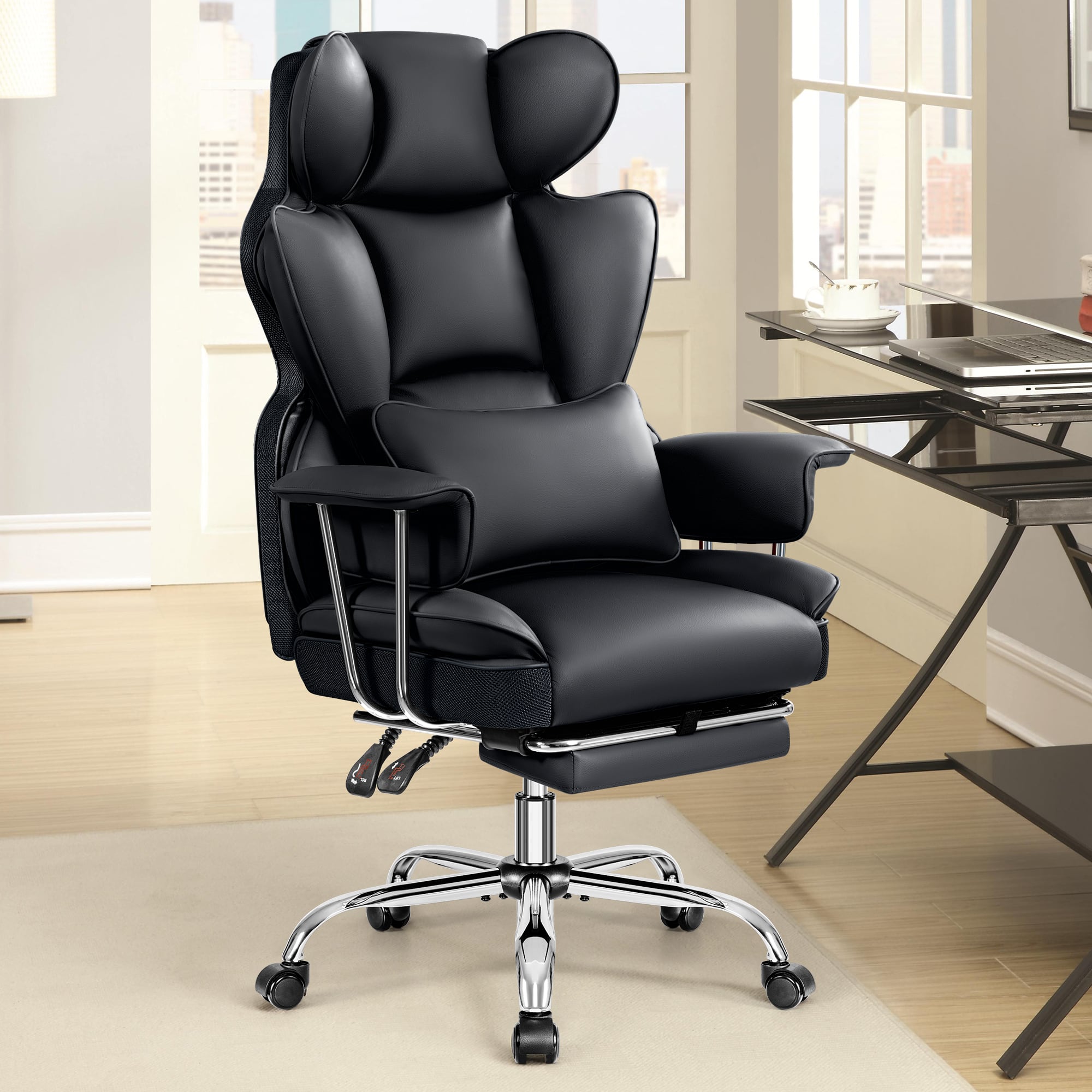 Brick Attic - 500LBS Big & Tall Office Chair, Leather Gaming Chair with Footrest, Adjustable Height & Lumbar Support - Black